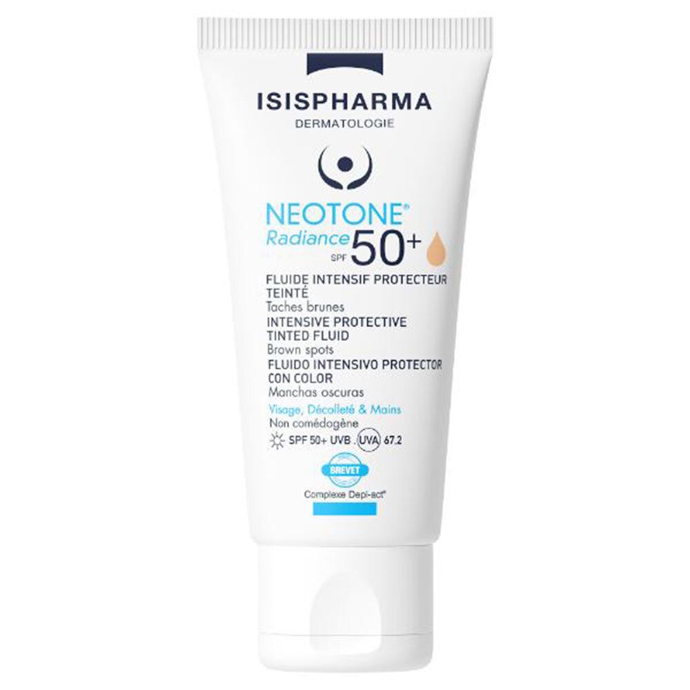 Tube blanc ISISPHARMA Neotone Radiance SPF50+. Texte multilingue. Indicateur de teinte beige. Bouchon en bas.