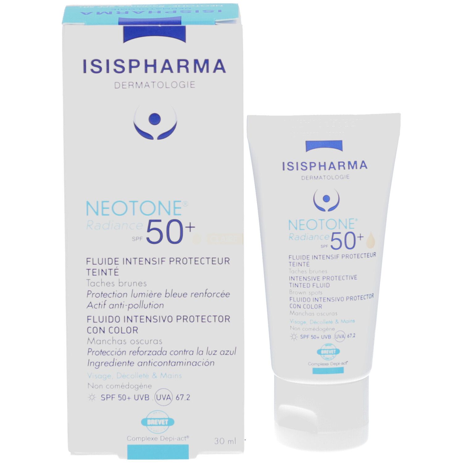 Emballage et tube. ISISPHARMA Neotone Radiance SPF50+. Texte multilingue. 30 ml. Boîte bleue.