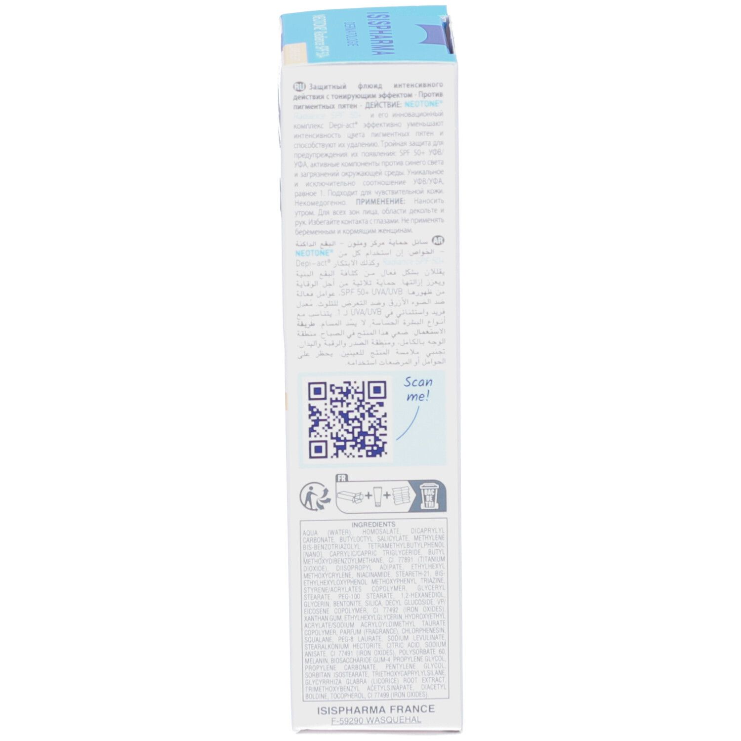 Côté de l'emballage du produit. Texte multilingue. Code QR. Logo ISISPHARMA. Boîte bleue.