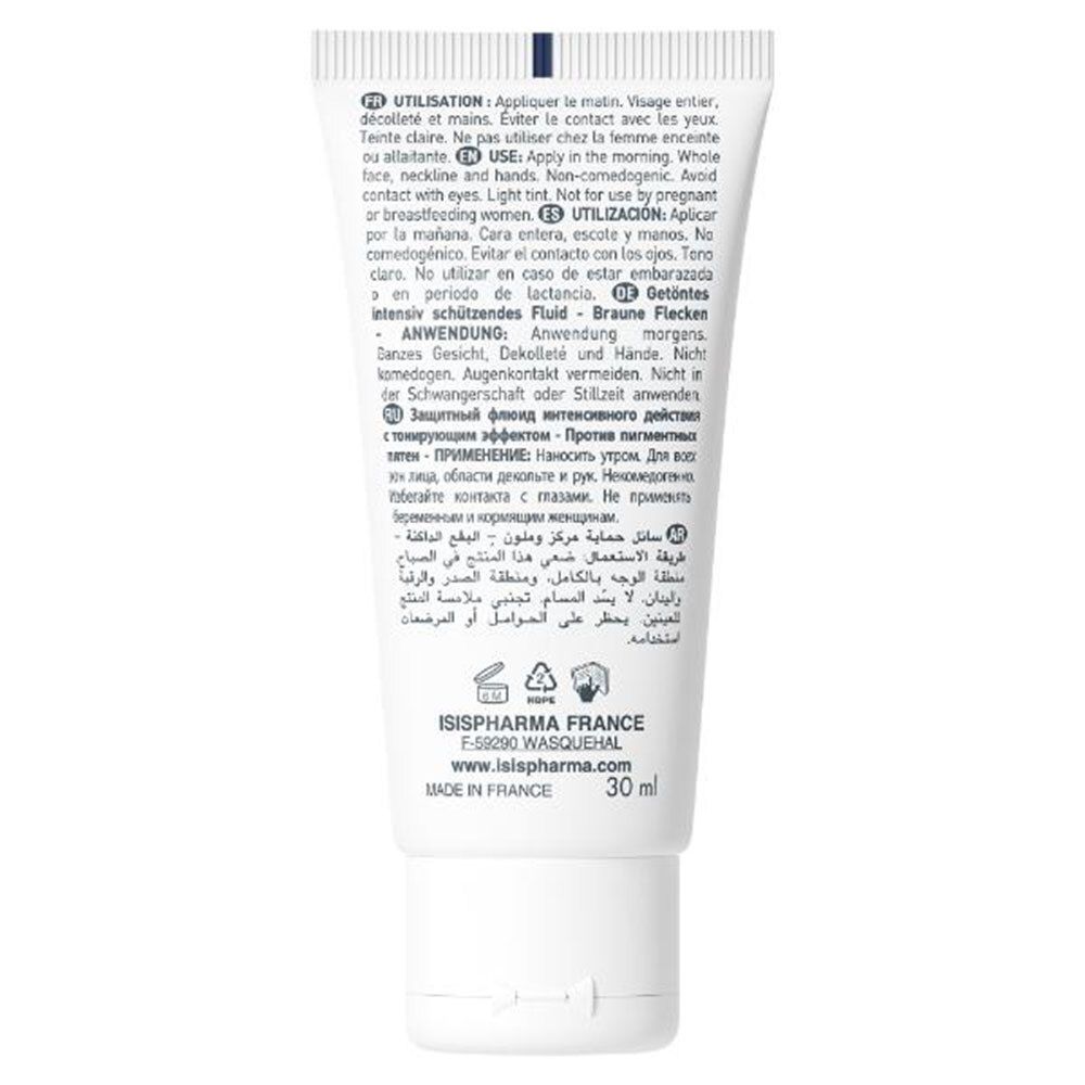 Dos du tube blanc. Texte multilingue. Logo et adresse ISISPHARMA. Fabriqué en France. 30 ml.