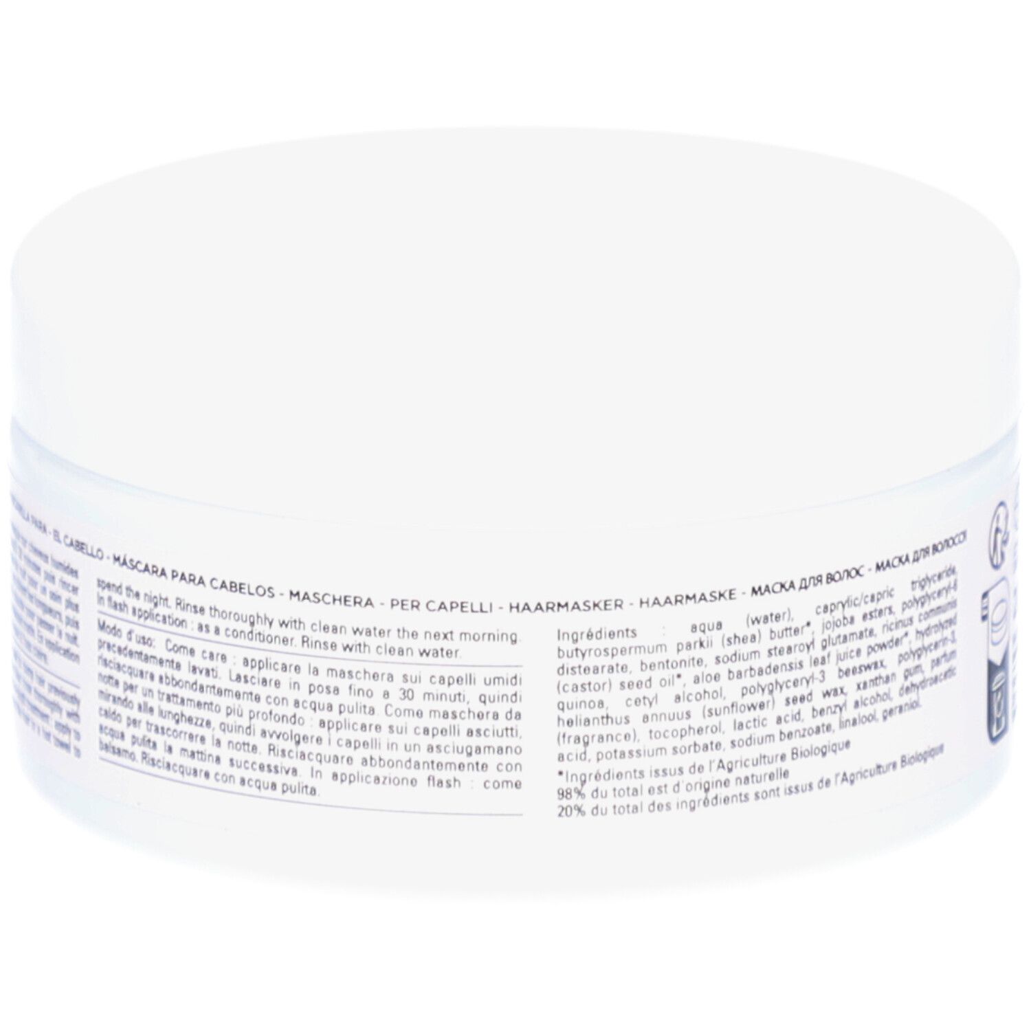 Witte pot, achterkant. Meertalige tekst. Ingrediëntenlijst. Gebruiksaanwijzing.