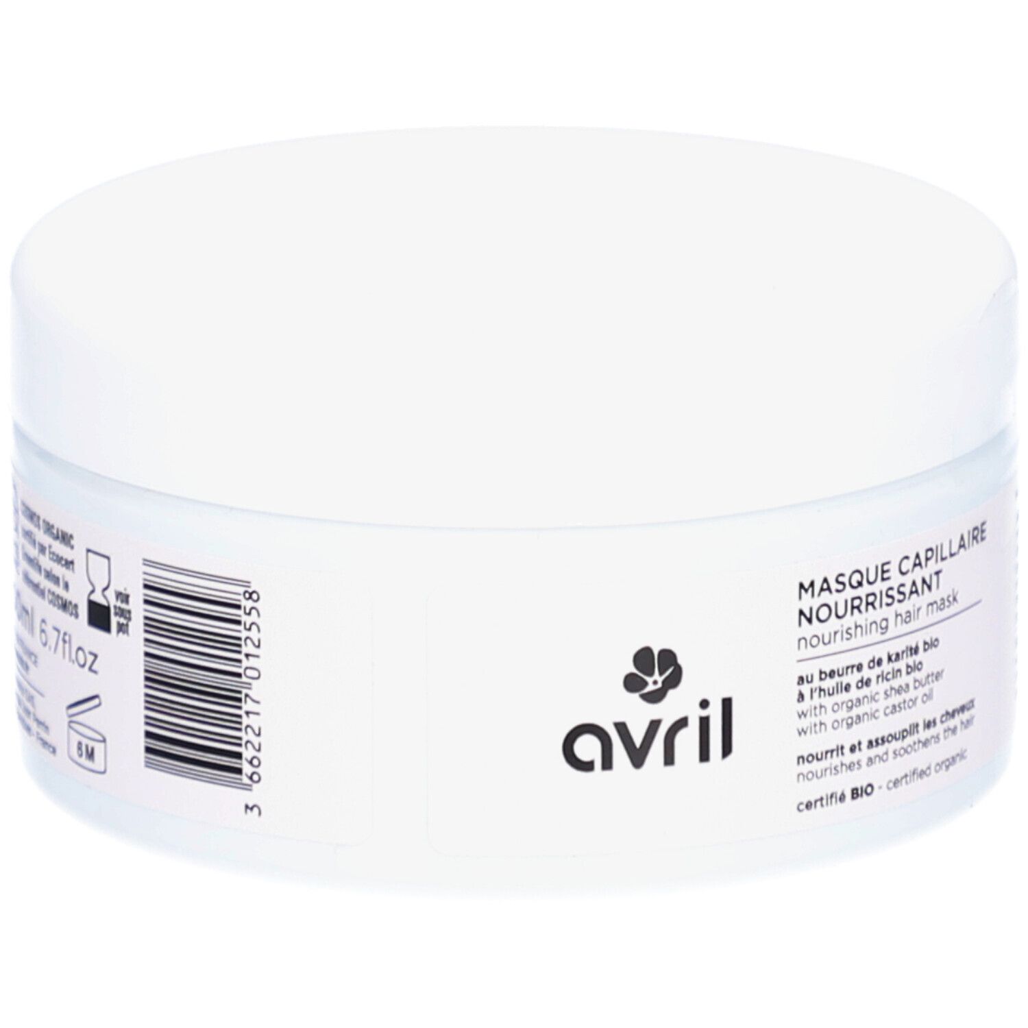 Witte pot met deksel. Opschrift: AVRIL, Masque Capillaire Nourrissant. Gecertificeerd Bio.