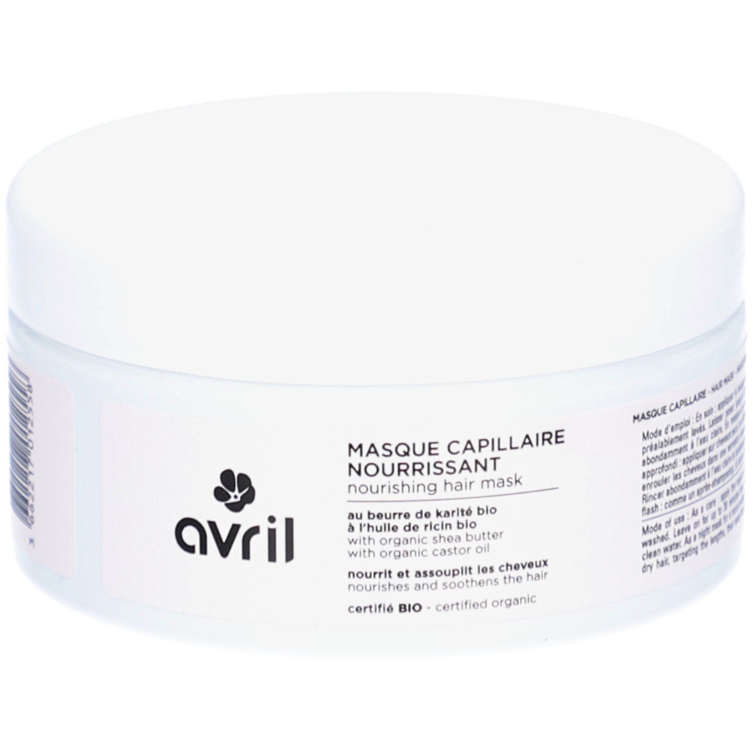 Witte pot met deksel. Opschrift: AVRIL, Masque Capillaire Nourrissant. Gecertificeerd Bio.