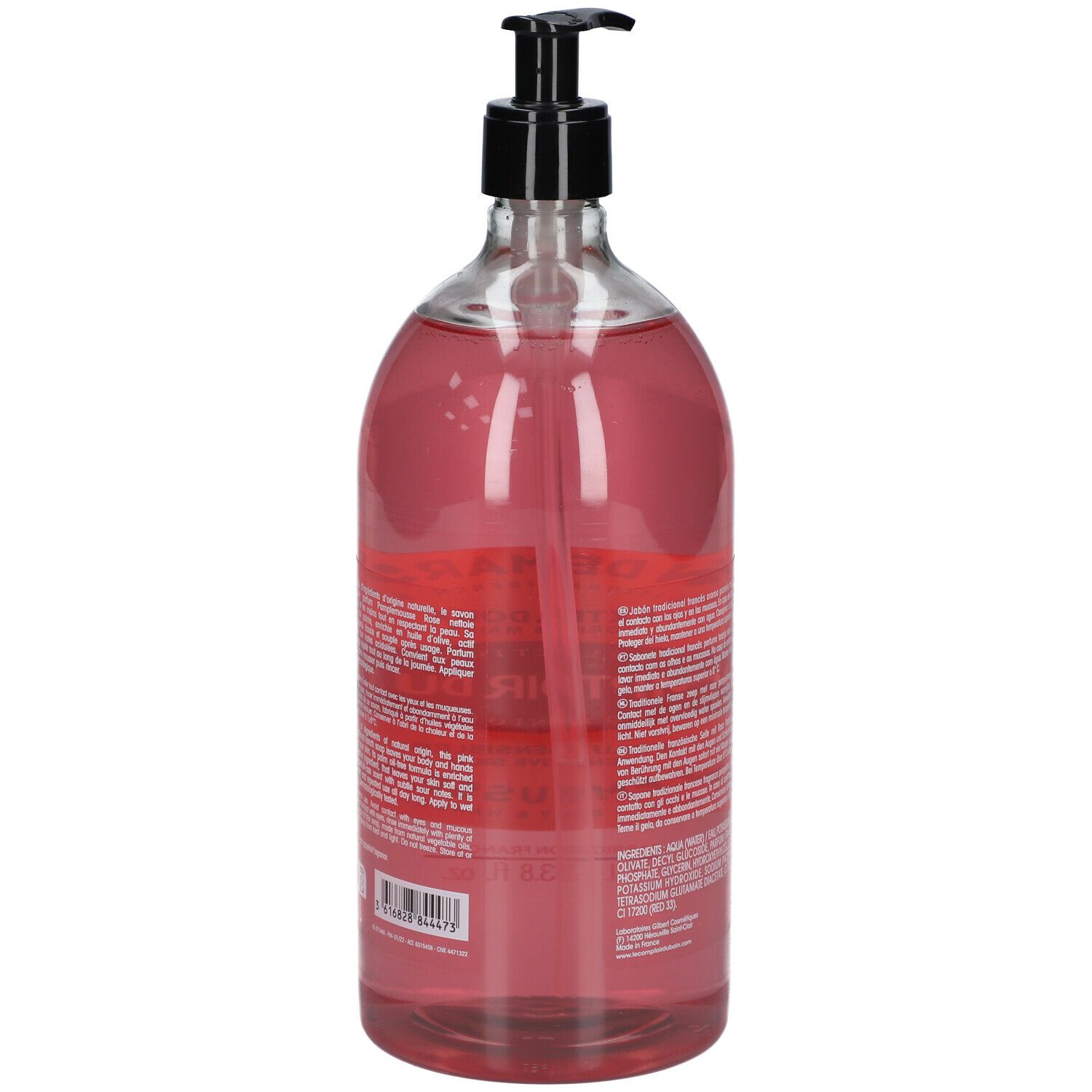Achterkant van transparante fles roze vloeibare zeep. Tekst op etiket, zwarte pomp.