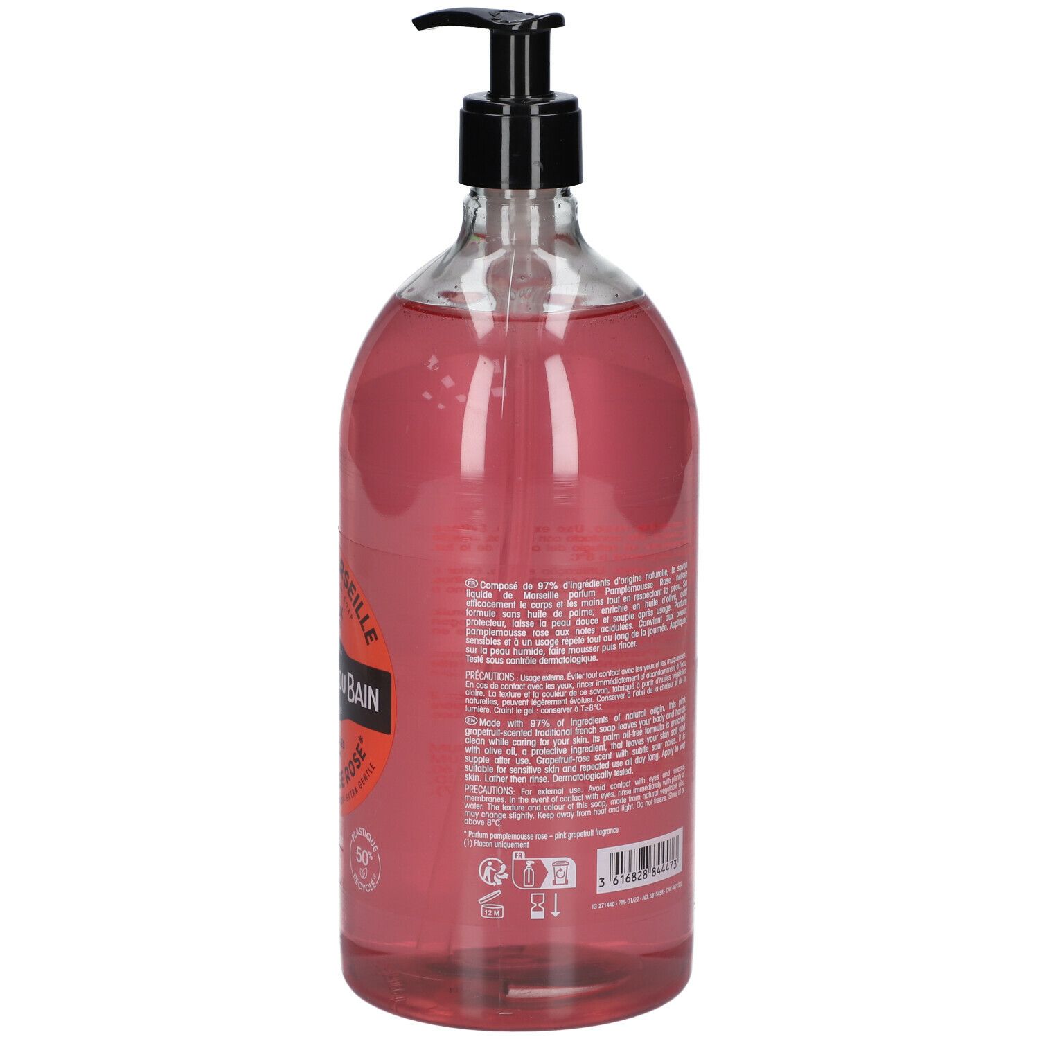 Achterkant van transparante fles roze vloeibare zeep. Tekst op etiket, zwarte pomp.