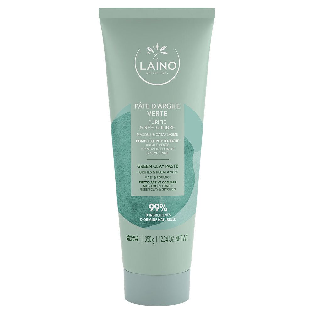 Groene kleipasta in tube. Opschrift: LAINO, PÂTE D'ARGILE VERTE, 99% ingrediënten van natuurlijke oorsprong.