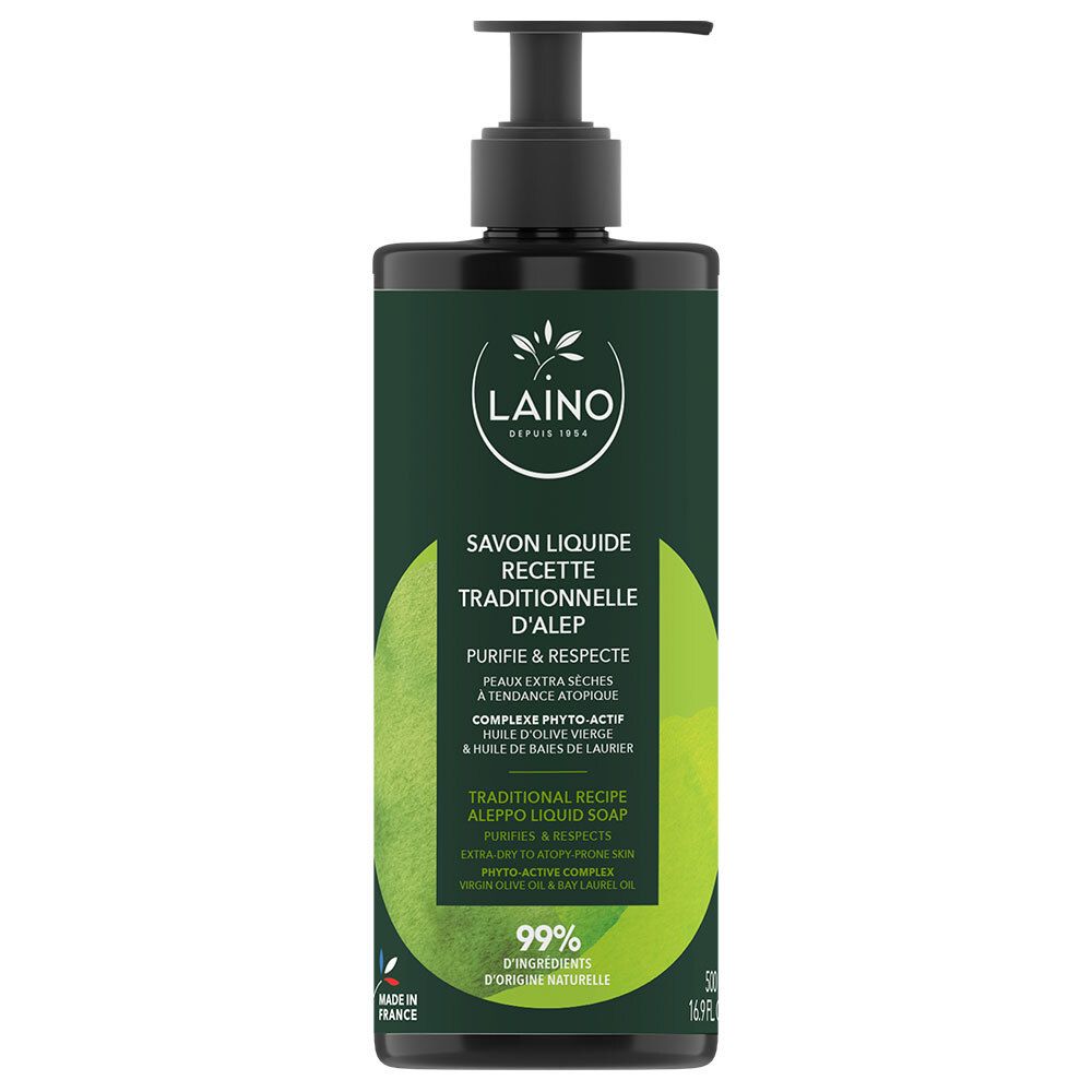 Zwarte fles met pomp. Opschrift: LAINO, Vloeibare zeep, Traditioneel recept d'Alep. 99% ingrediënten van natuurlijke oorsprong.