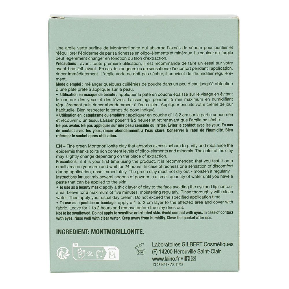 Dos de la boîte vert clair avec informations produit multilingues. Contient l'ingrédient : Montmorillonite.