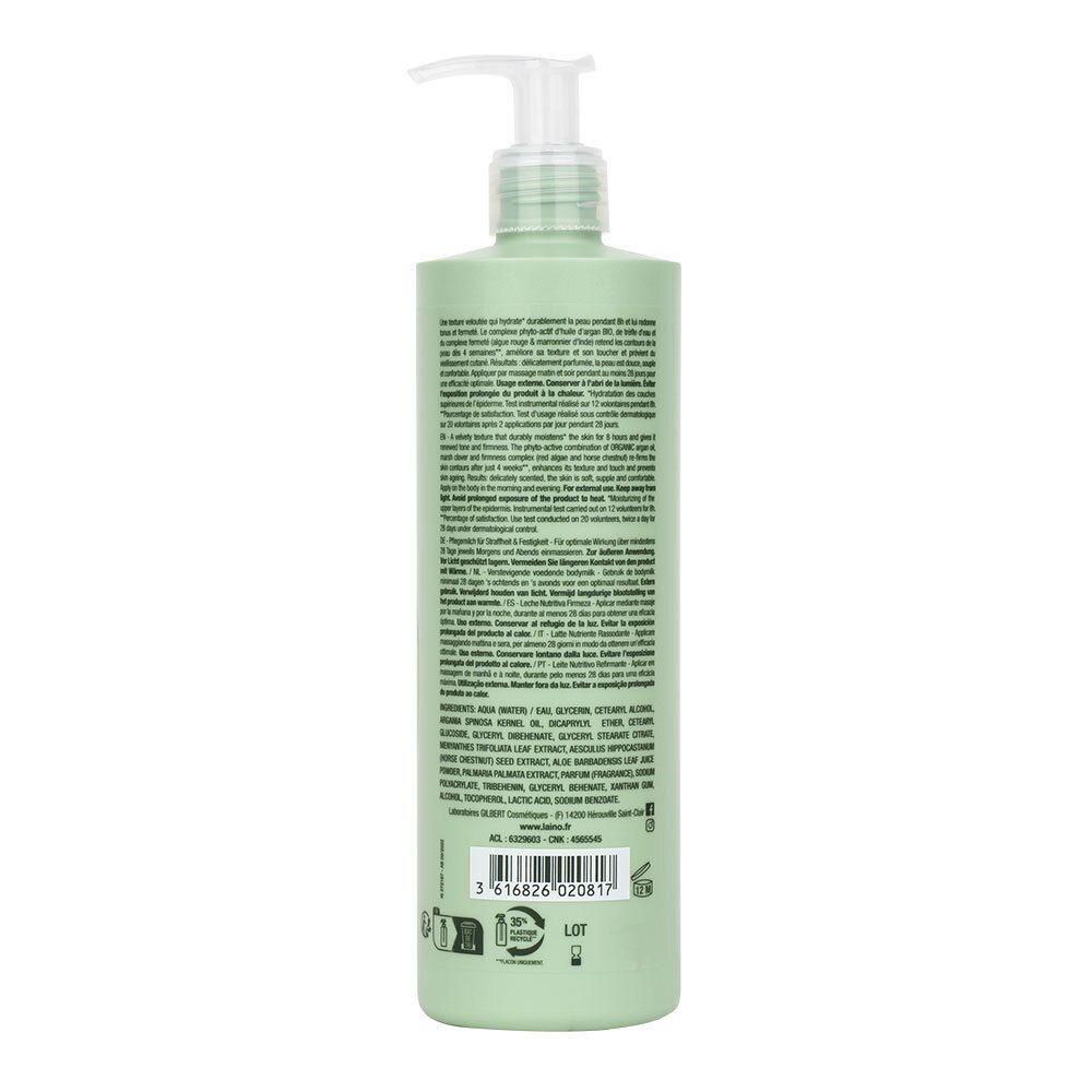 Achterkant van groene fles met tekst. Ingrediënten, fabrikantinfo en barcode.