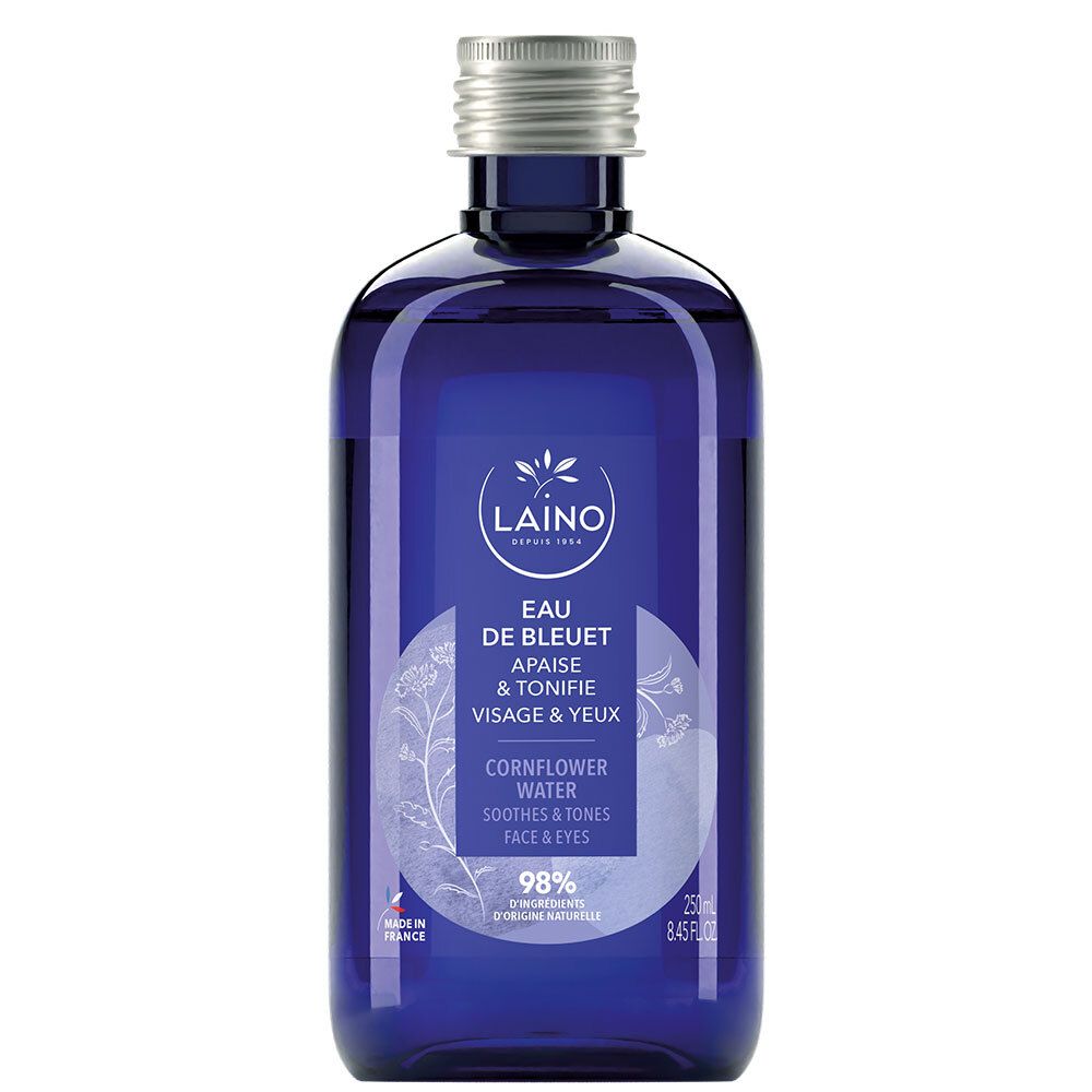 Blauwe fles LAINO Eau de Bleuet. Tekst: Apaise & Tonifie Visage & Yeux, Cornflower Water. 98% natuurlijke ingrediënten. Zilveren dop.