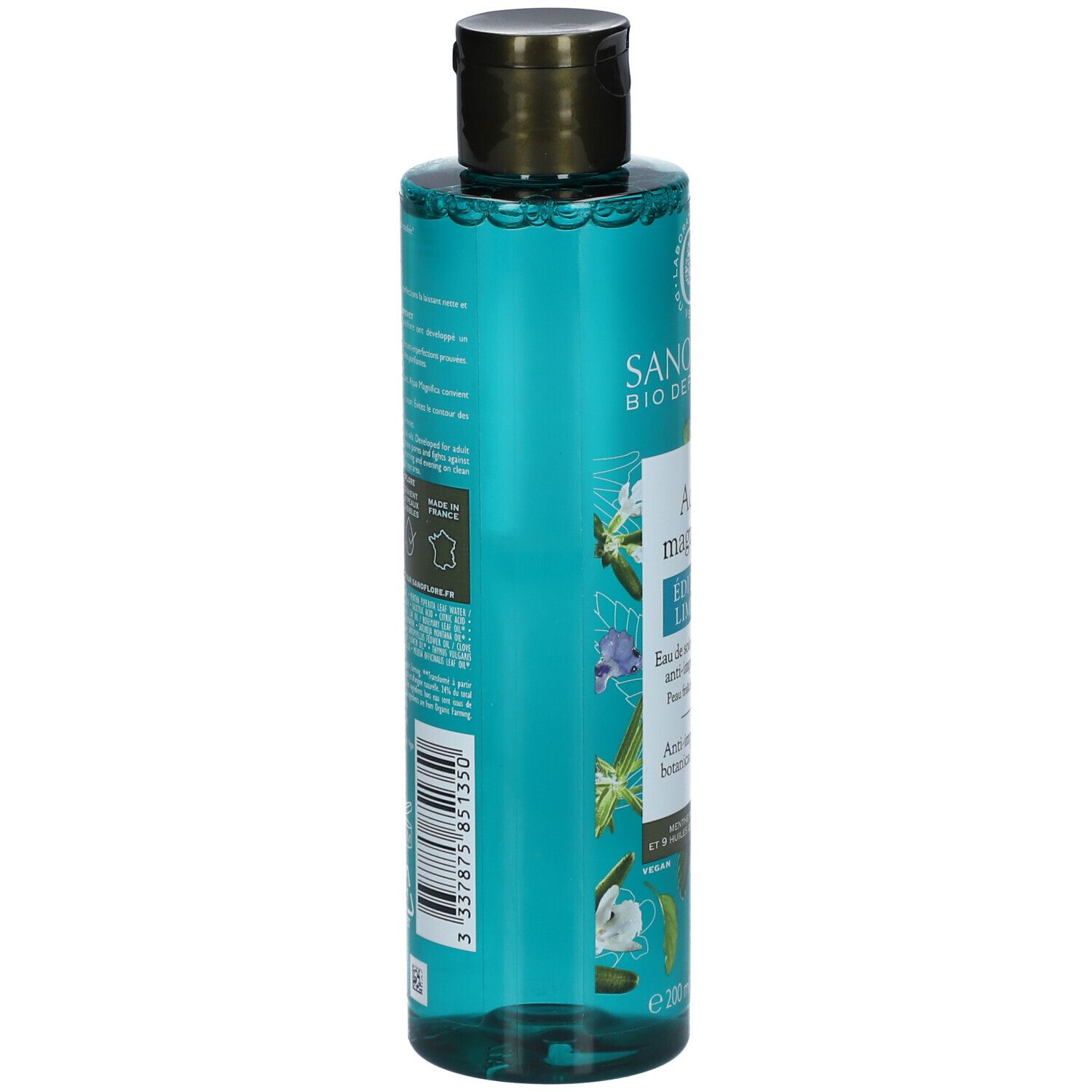 Sanoflore Aqua Magnifica fles. Achterkant met tekst en barcode. Turquoise vloeistof.