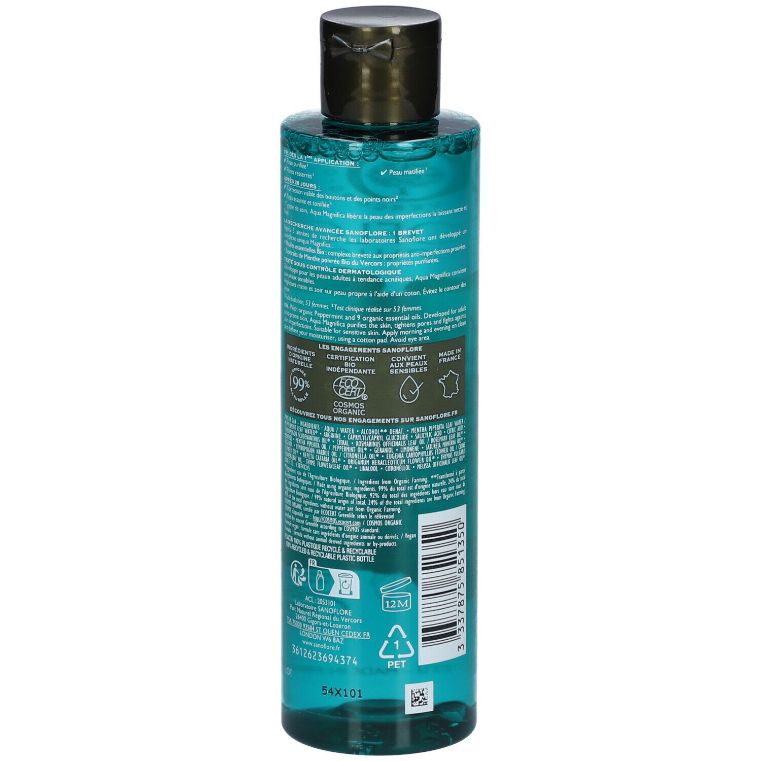 Sanoflore Aqua Magnifica fles. Achterkant met tekst, logo's en barcode. Turquoise vloeistof.