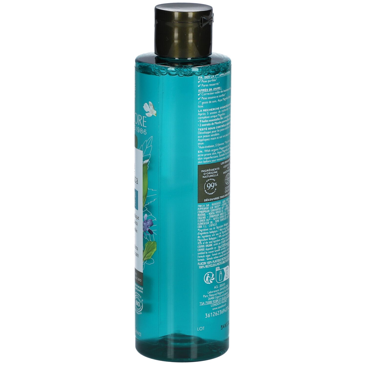 Sanoflore Aqua Magnifica fles. Achterkant met tekst, logo's en barcode. Turquoise vloeistof.