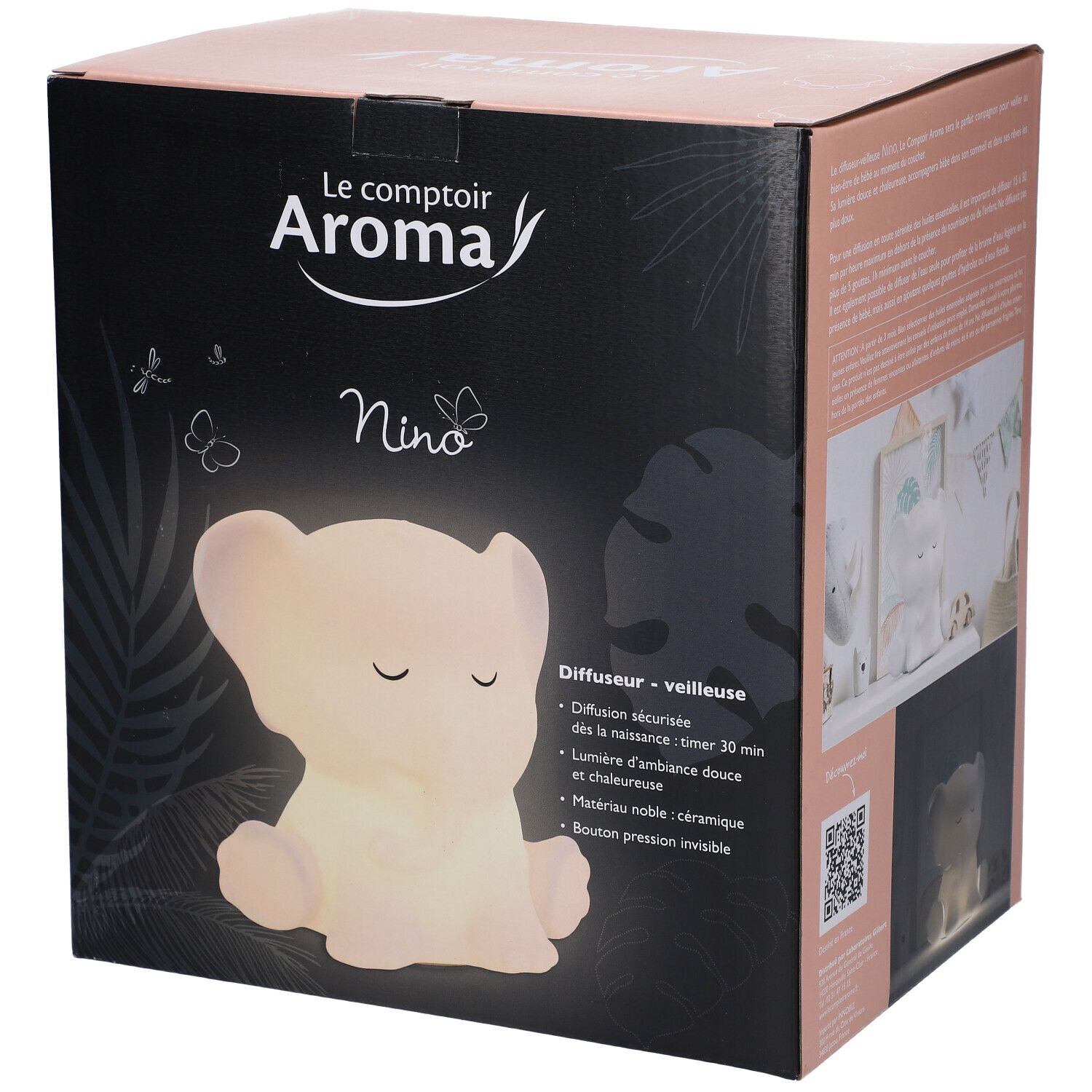 Boîte du diffuseur veilleuse NINO. Carton noir avec image et texte. Logo: Le comptoir Aroma. Forme d'éléphant lumineux.