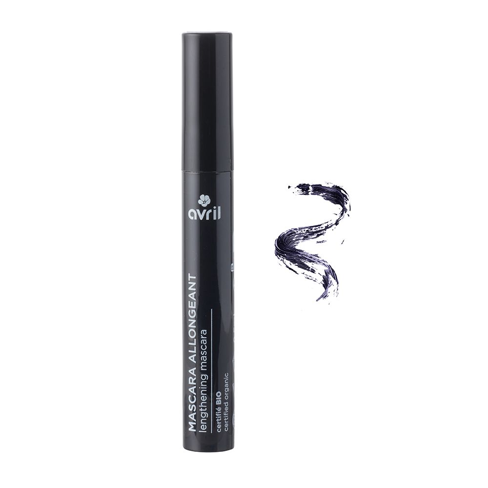 Zwarte mascaratube met tekst: MASCARA ALLONGEANT lengthening mascara. Merk: avril. Biologisch gecertificeerd.