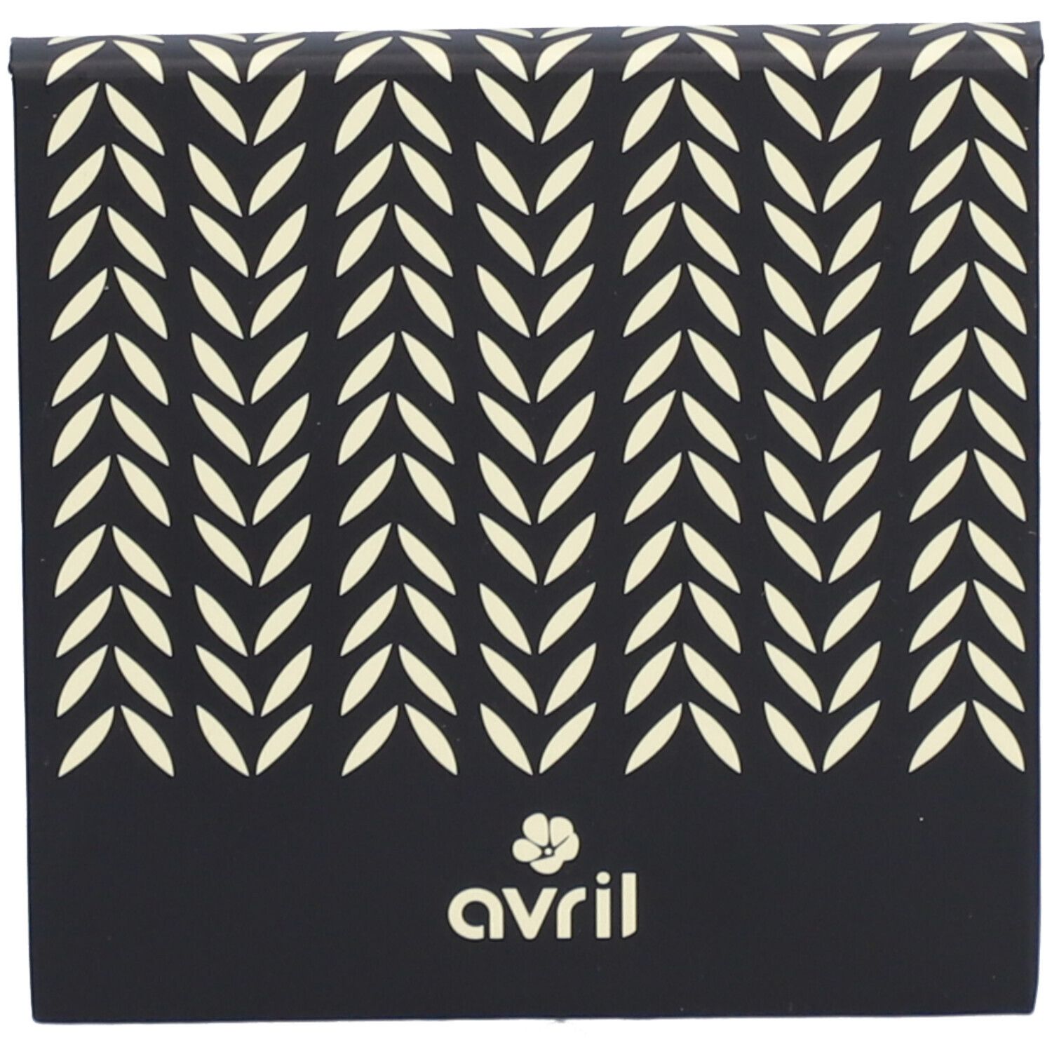 Boîte noire avec motif de feuilles blanches. Logo 'avril' en bas.