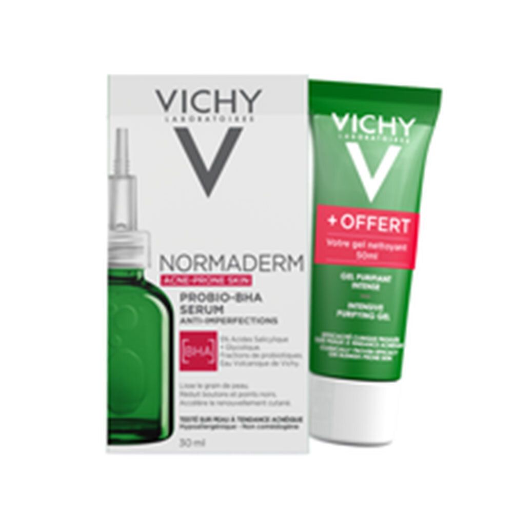 Vichy Normaderm serum en reinigingsgel. Groene flessen en verpakking. Franse tekst.