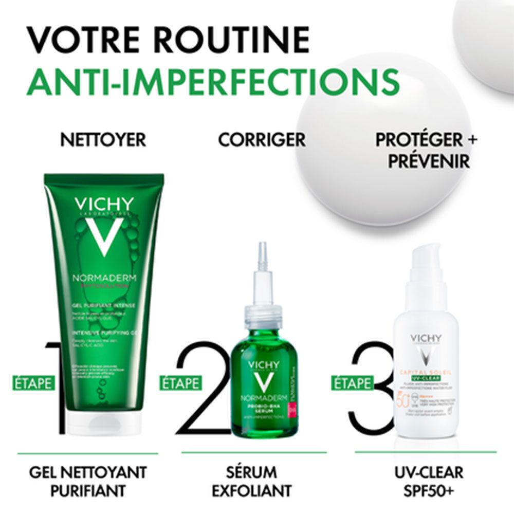 Drie producten: reinigingsgel, serum en UV-Clear SPF50+. Indeling voor een anti-onzuiverheden routine.