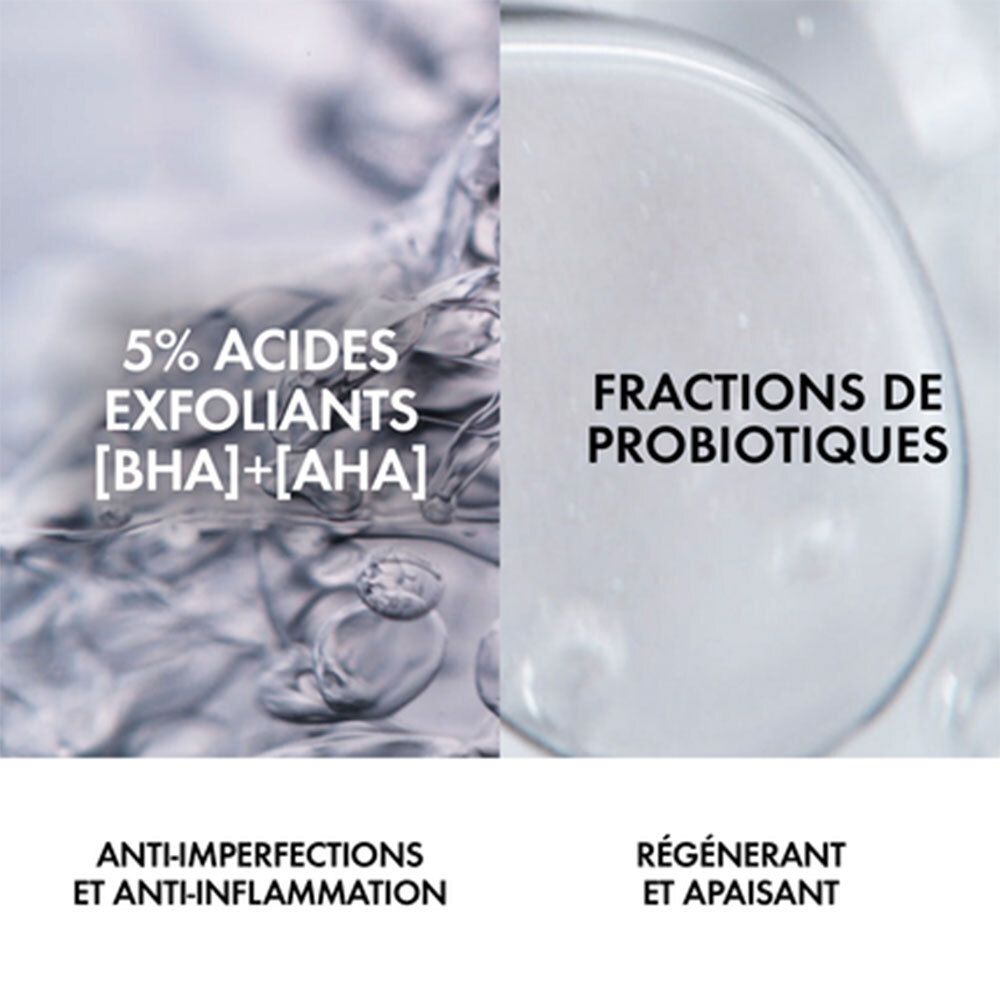 Twee zones met tekst en vloeistoffen. Tekst: '5% ACIDES EXFOLIANTS [BHA]+[AHA]' en 'FRACTIONS DE PROBIOTIQUES'.