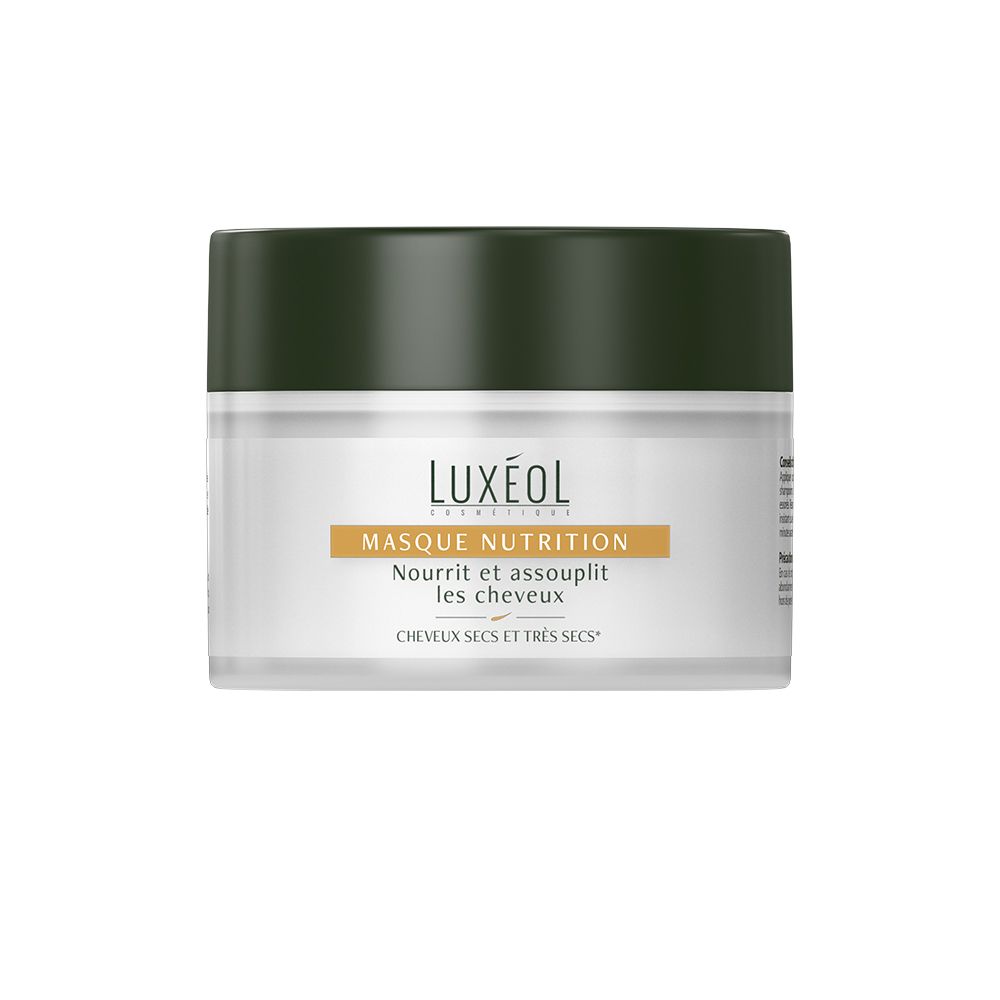 Pot de crème avec couvercle. Inscription: Luxéol Masque Nutrition. Pour cheveux secs et très secs.