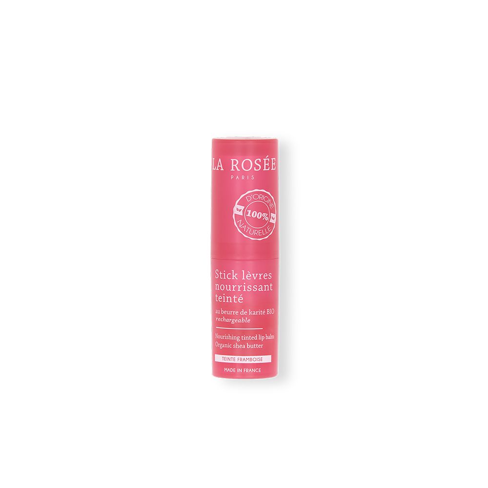 Roze getinte lippenbalsem. Opschrift: LA ROSÉE, Stick lèvres nourrissant teinté, 100% naturelle.