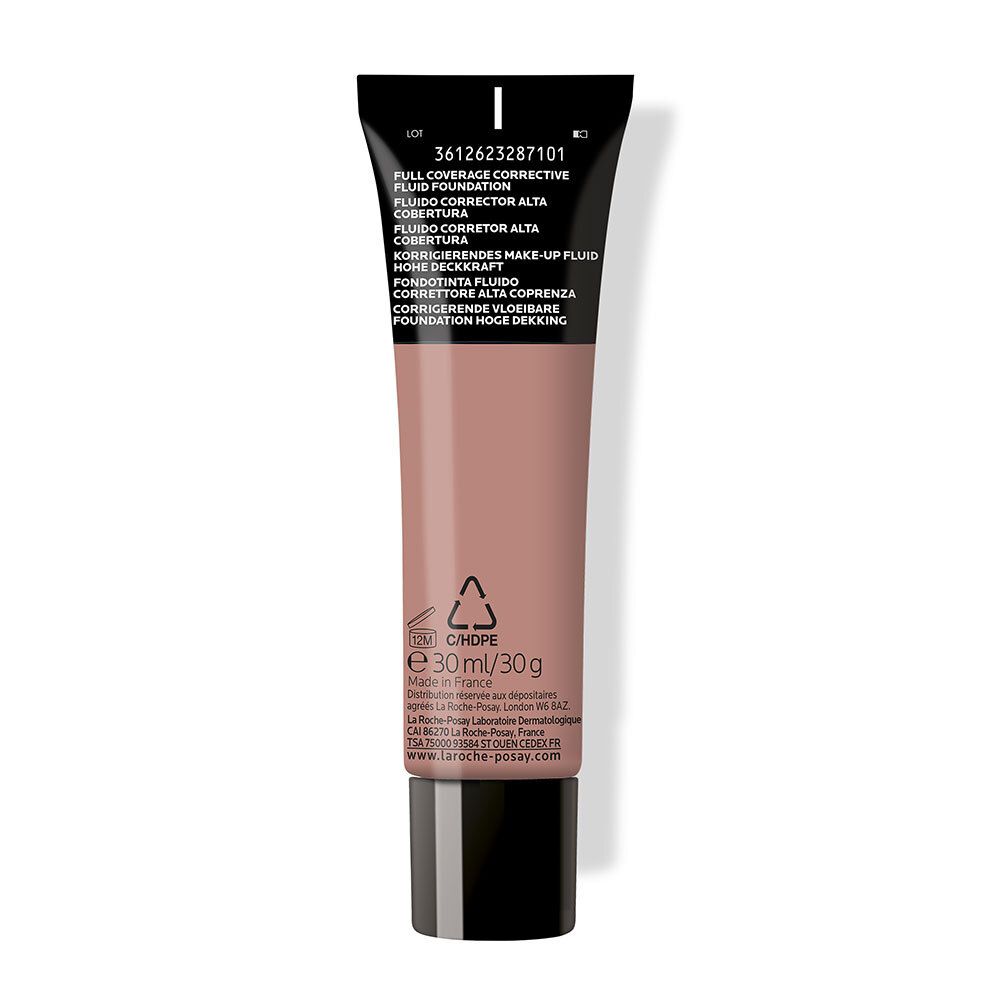 Dos du tube de fluide teinté. Inscription: FULL COVERAGE CORRECTIVE FLUID FOUNDATION. Ingrédients, numéro de lot, 30ml/30g, Teinte 12.5.