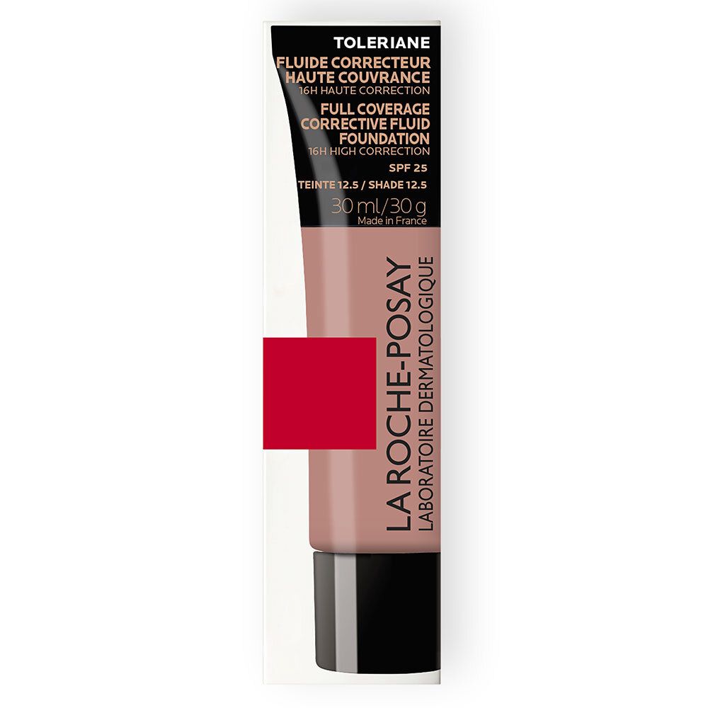 Emballage du produit avec tube de fluide teinté. Inscription: TOLERIANE, Fluide Correcteur Haute Couvrance, 16H, SPF25, Teinte 12.5. 30ml/30g. Made in France.