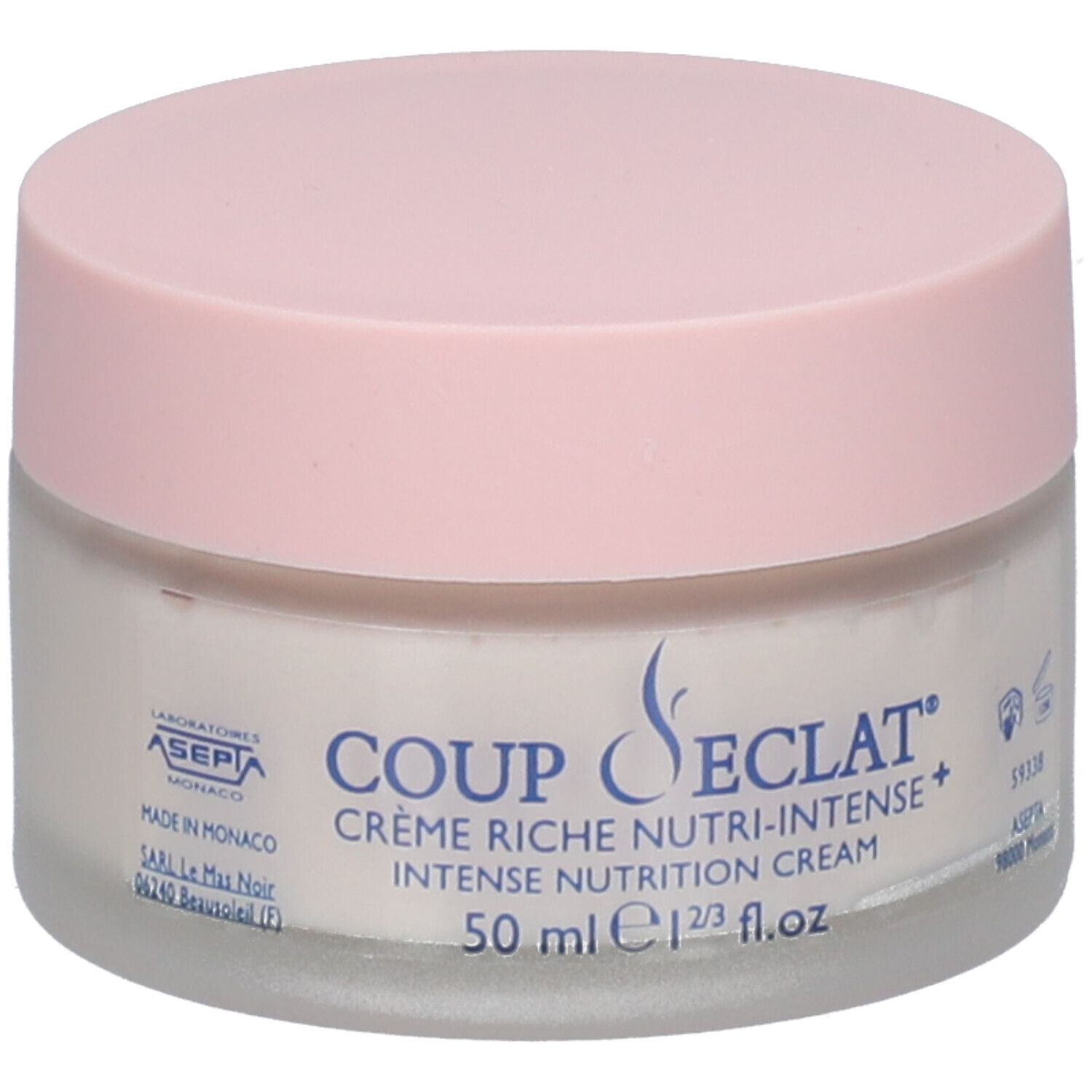 Crèmepot met roze deksel. Opschrift: Coup d'Éclat Crème Riche Nutri-Intense+. 50 ml.