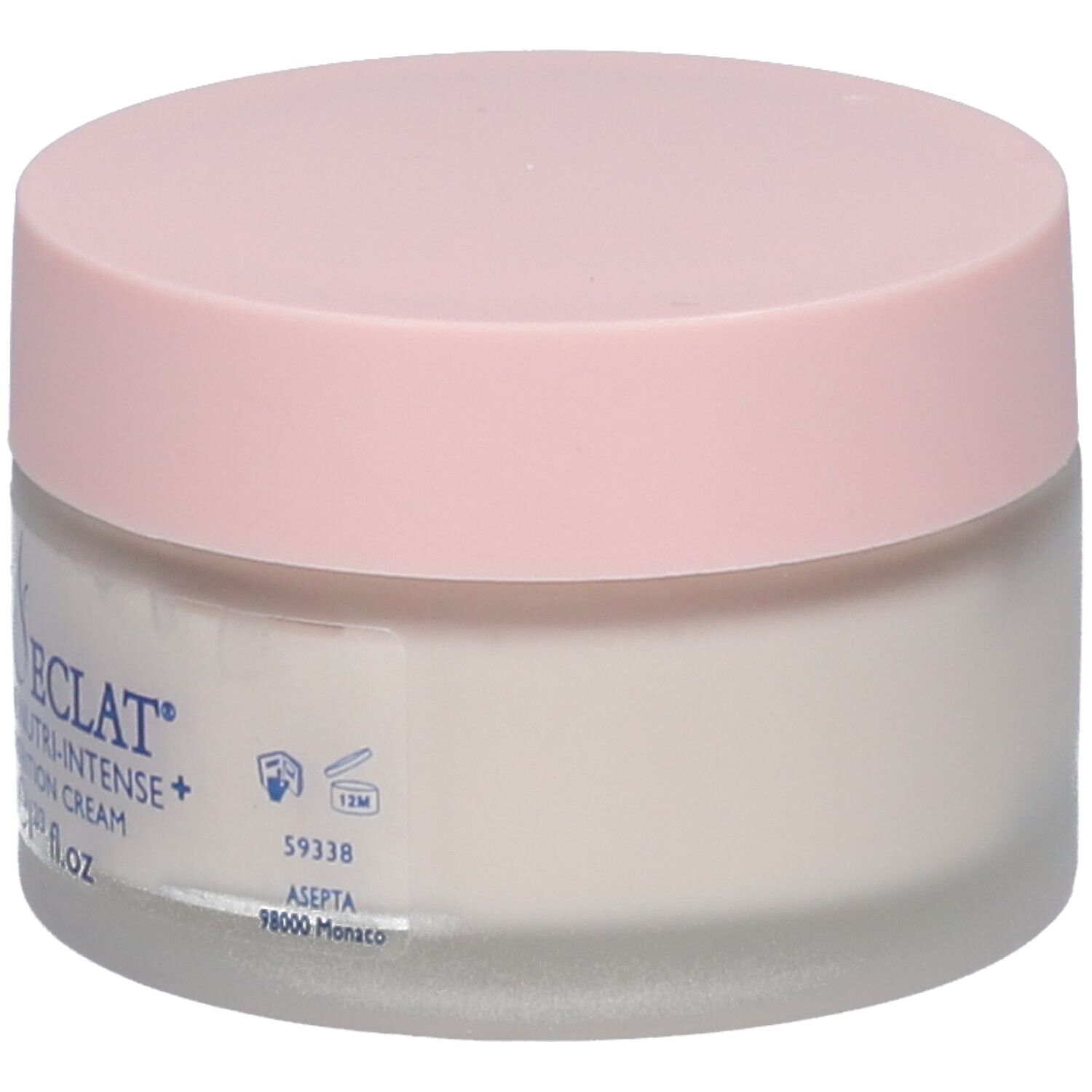 Crèmepot met roze deksel. Opschrift: Coup d'Éclat Crème Riche Nutri-Intense+. 50 ml.