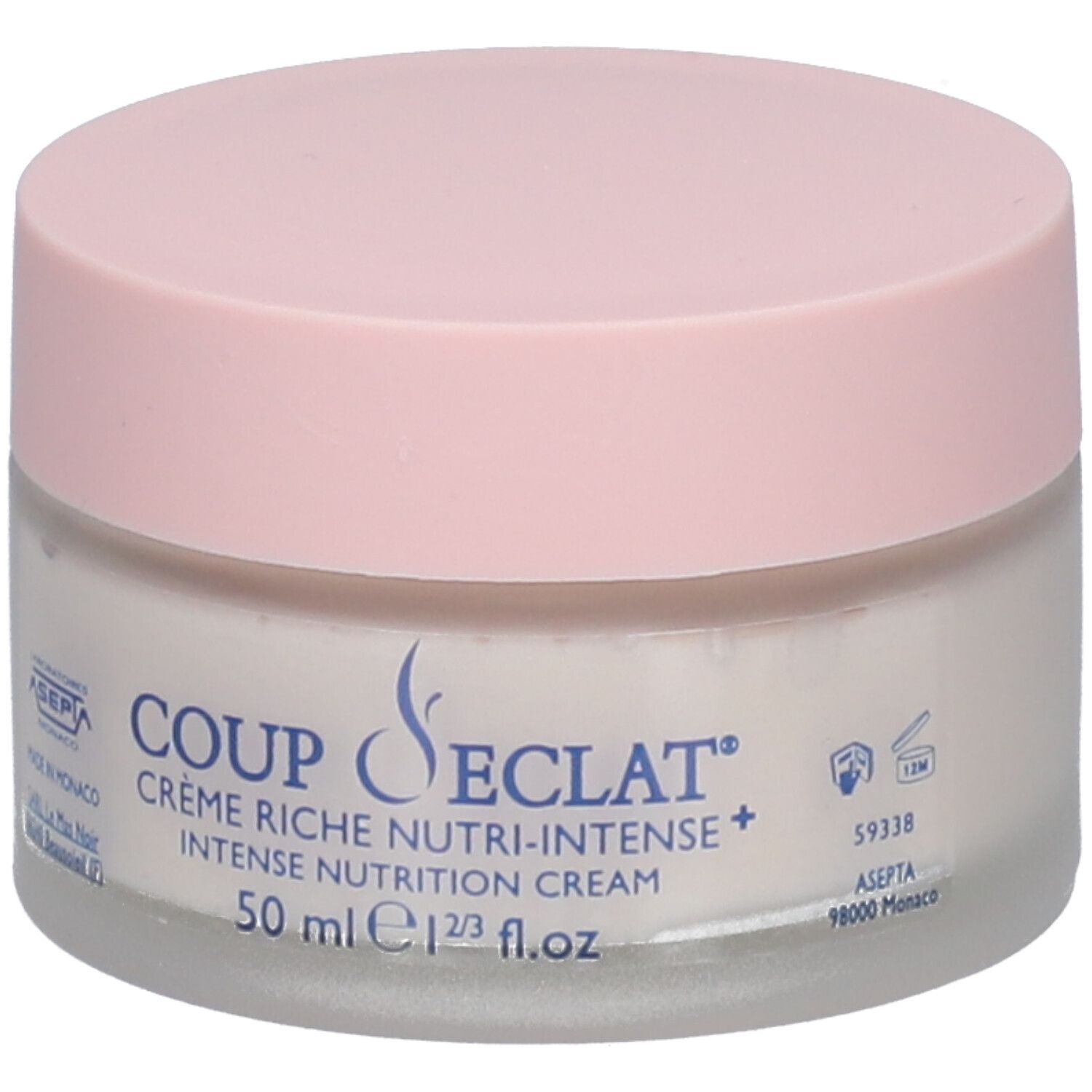 Crèmepot met roze deksel. Opschrift: Coup d'Éclat Crème Riche Nutri-Intense+. 50 ml.
