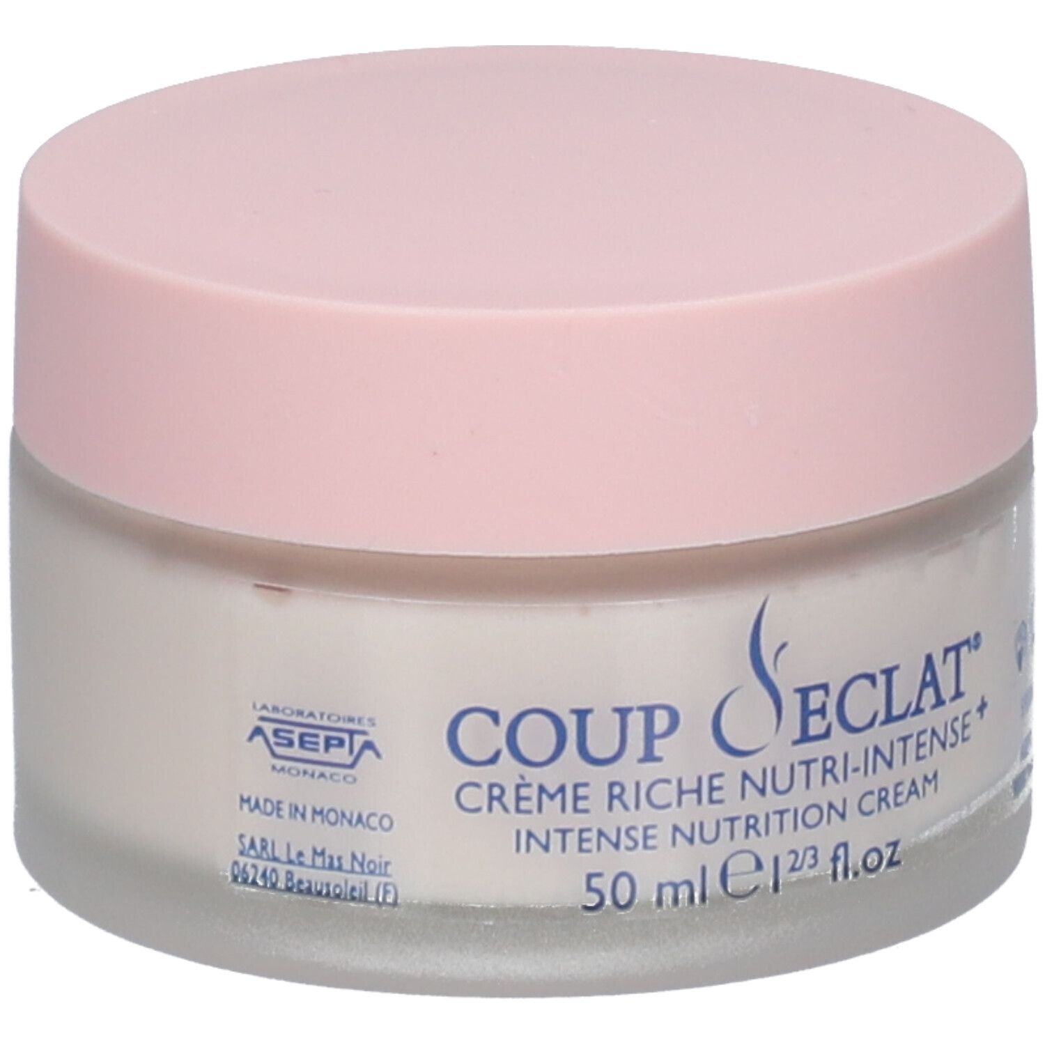 Crèmepot met roze deksel. Opschrift: Coup d'Éclat Crème Riche Nutri-Intense+. 50 ml.