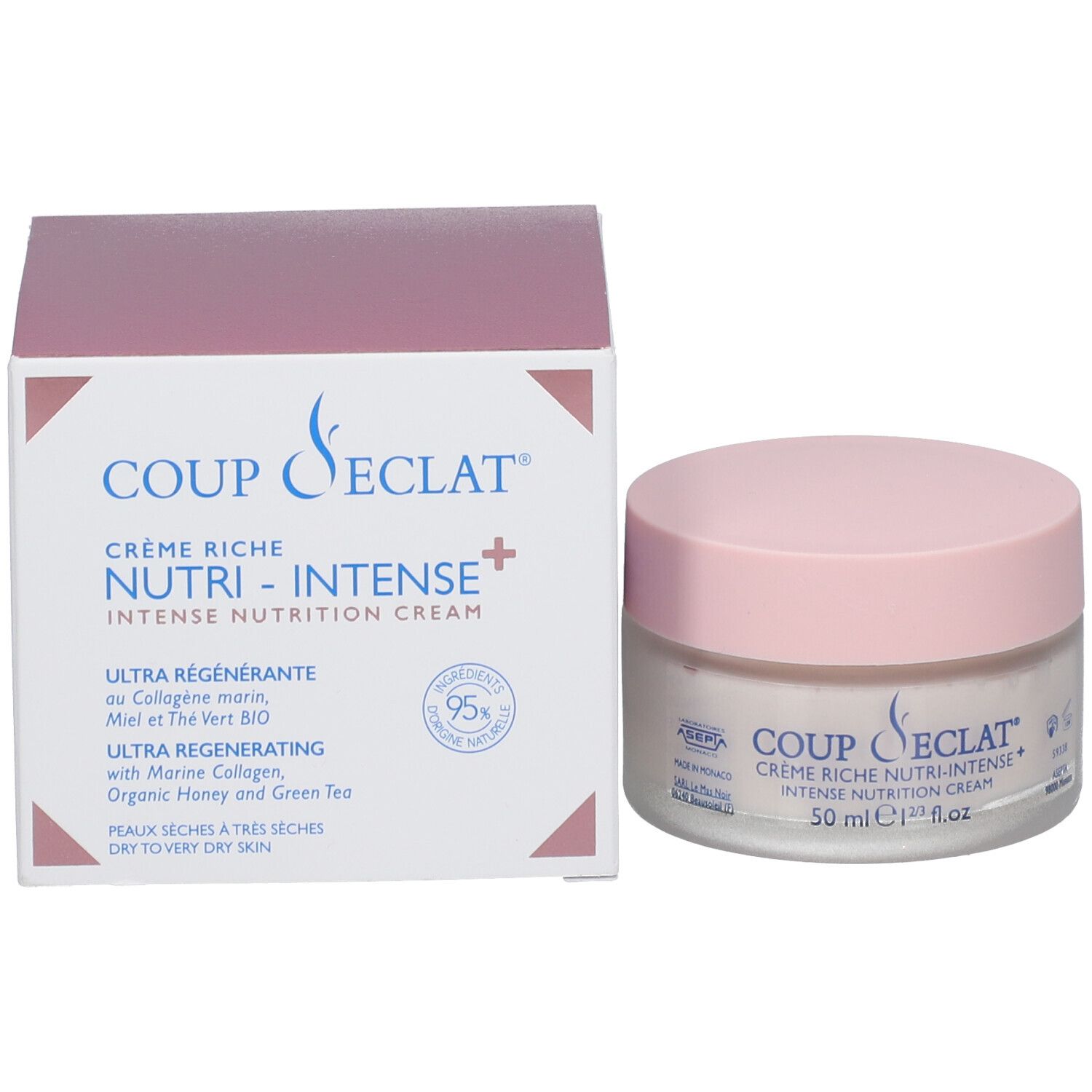 Crèmepot en doos. Opschrift: Coup d'Éclat Crème Riche Nutri-Intense+. 50 ml. 95% natuurlijke ingrediënten.