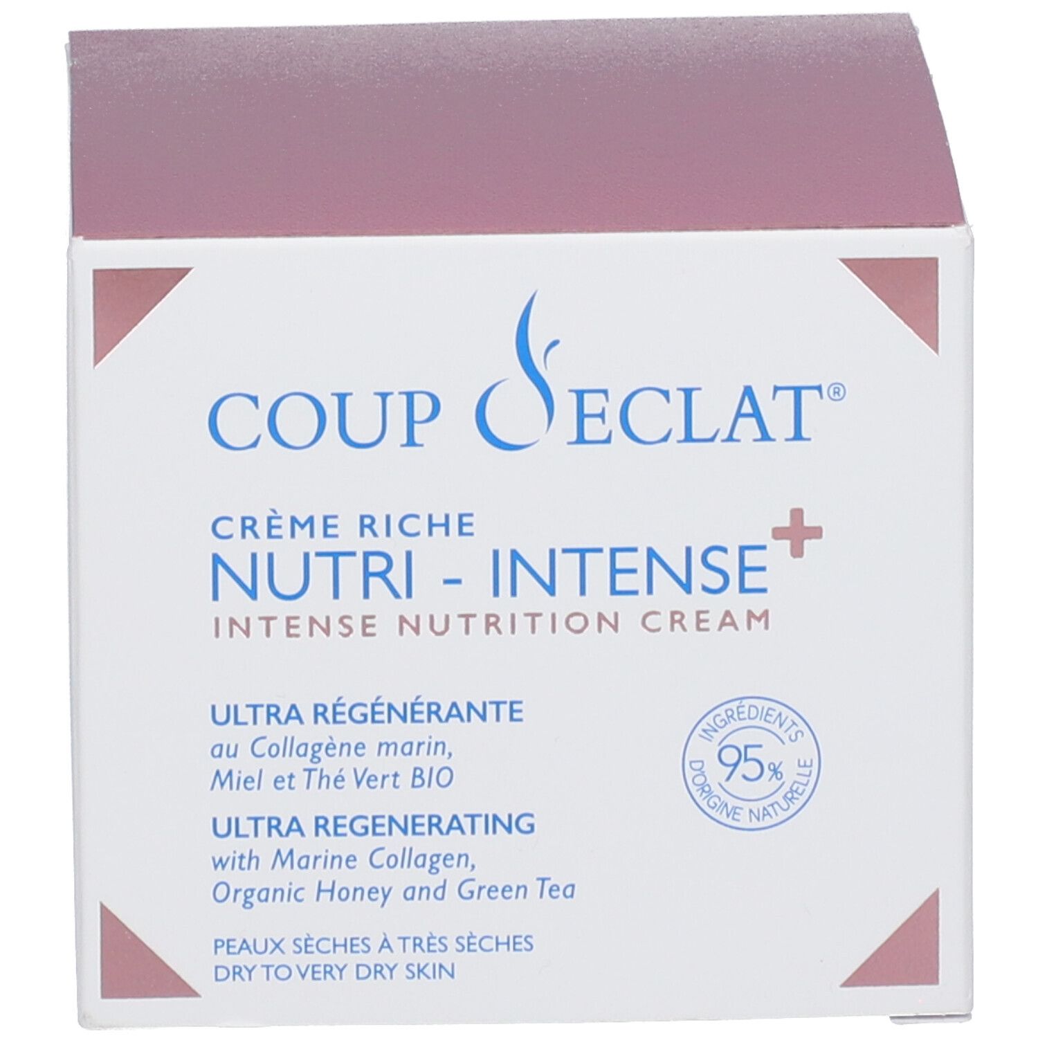 Doos. Opschrift: Coup d'Éclat Crème Riche Nutri-Intense+. 95% natuurlijke ingrediënten.