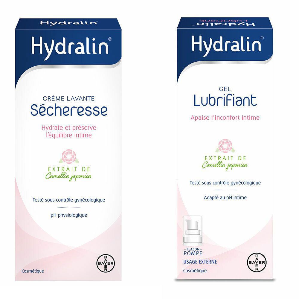 Twee dozen. Links: Crème Lavante Sécheresse. Rechts: Gel Lubrifiant. Beide met Hydralin-logo, Camellia japonica-extract en Bayer-logo.