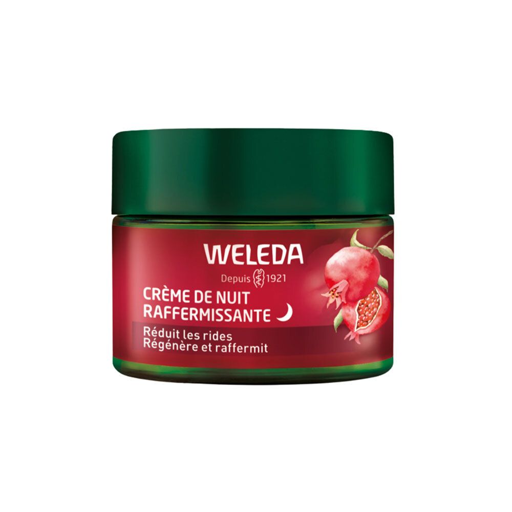 WELEDA nachtcrème. Rode pot met groene deksel. Opschrift: Crème de Nuit Raffermissante. Granaatappel afbeelding.