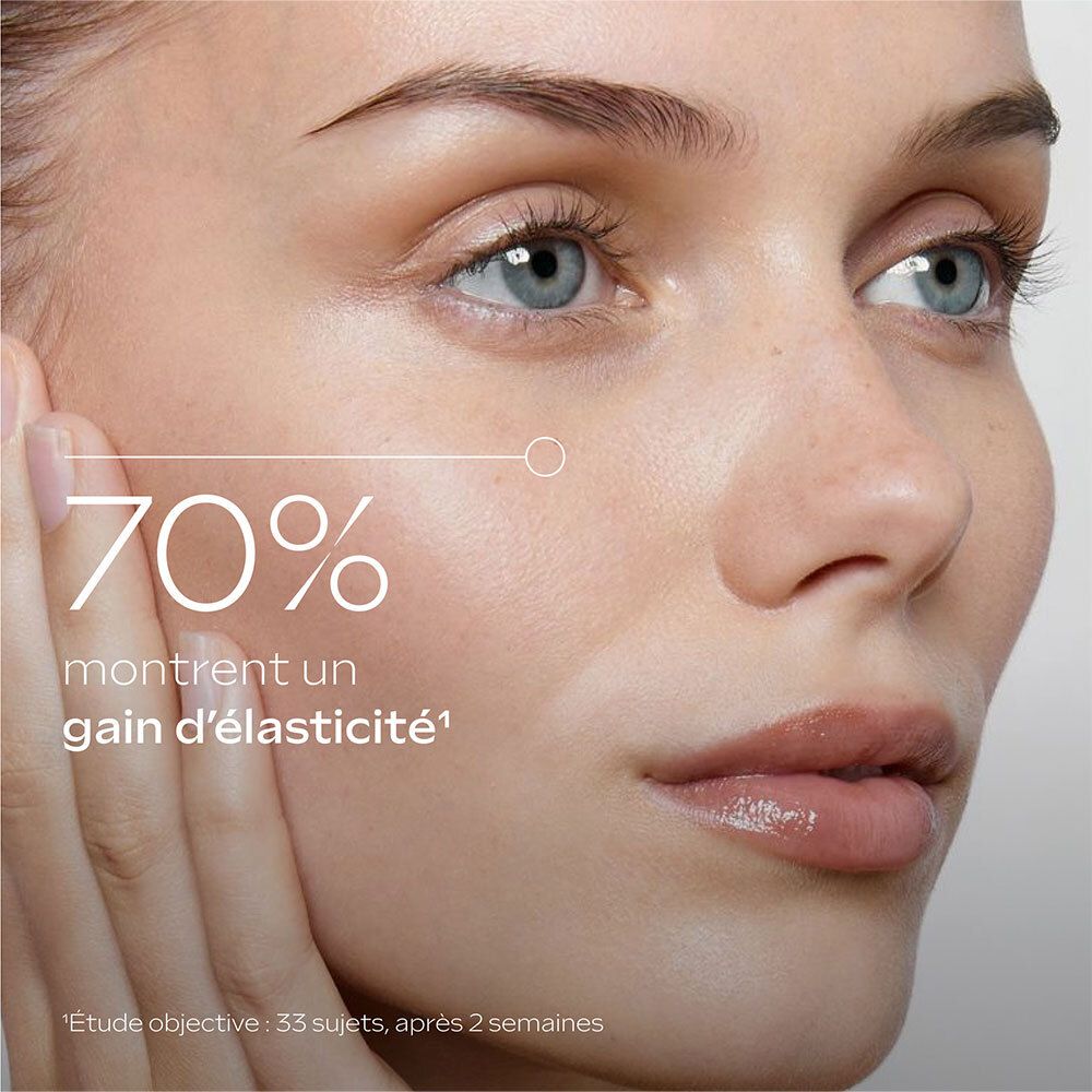 Gezicht van een vrouw. Tekst: 70% tonen een elasticiteitswinst. Studie na 2 weken.