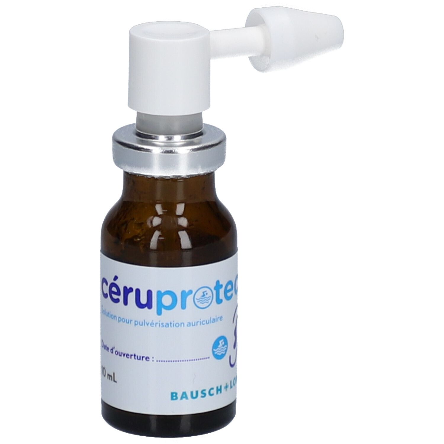 Bruine glazen fles met verstuiver. Opschrift: cérúprotect, oplossing voor oorverstuiving. Fabrikant: Bausch + Lomb.