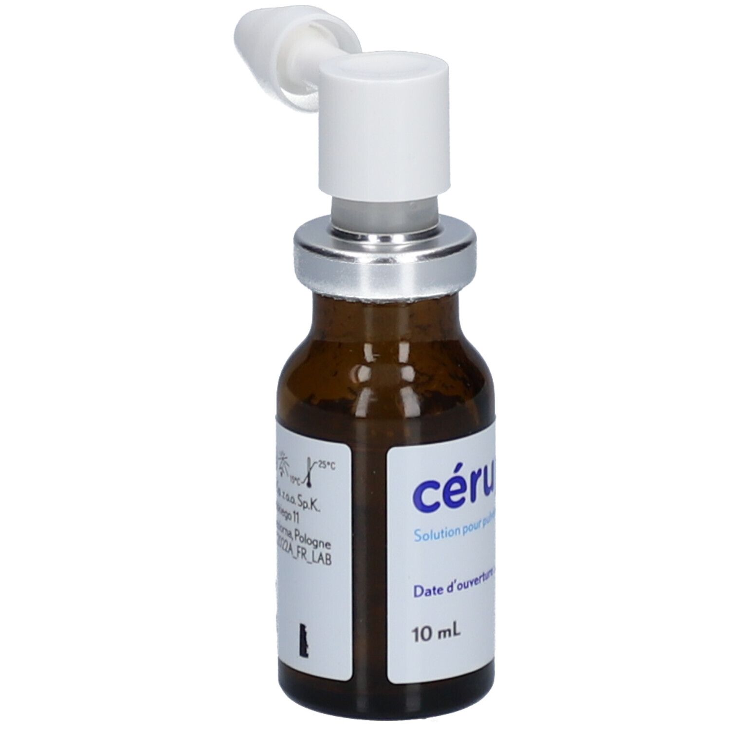 Bruine glazen fles met verstuiver. Opschrift: cérúprotect, oplossing voor oorverstuiving. 10 ml.