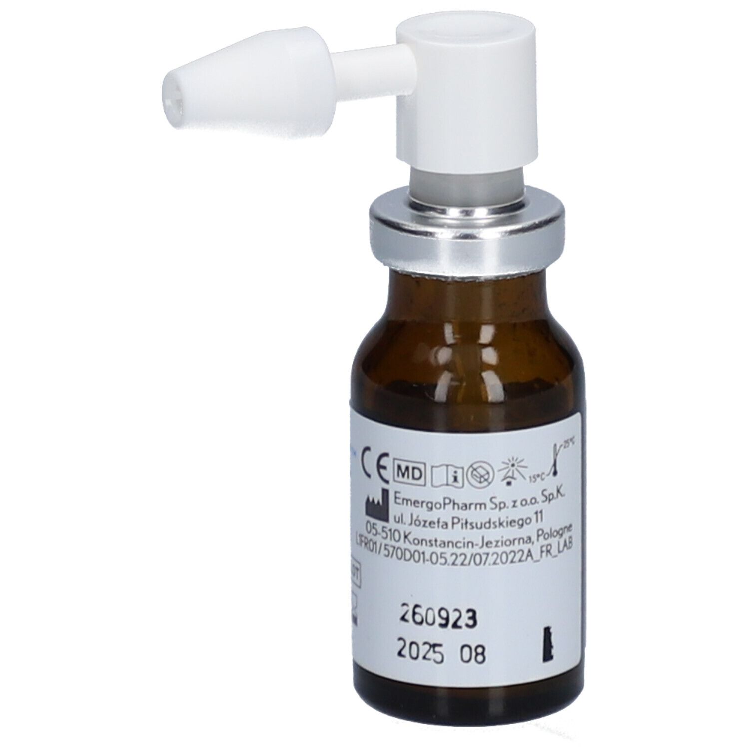 Bruine glazen fles met verstuiver. Opschrift: cérúprotect, oplossing voor oorverstuiving. 10 ml. Met etiket.