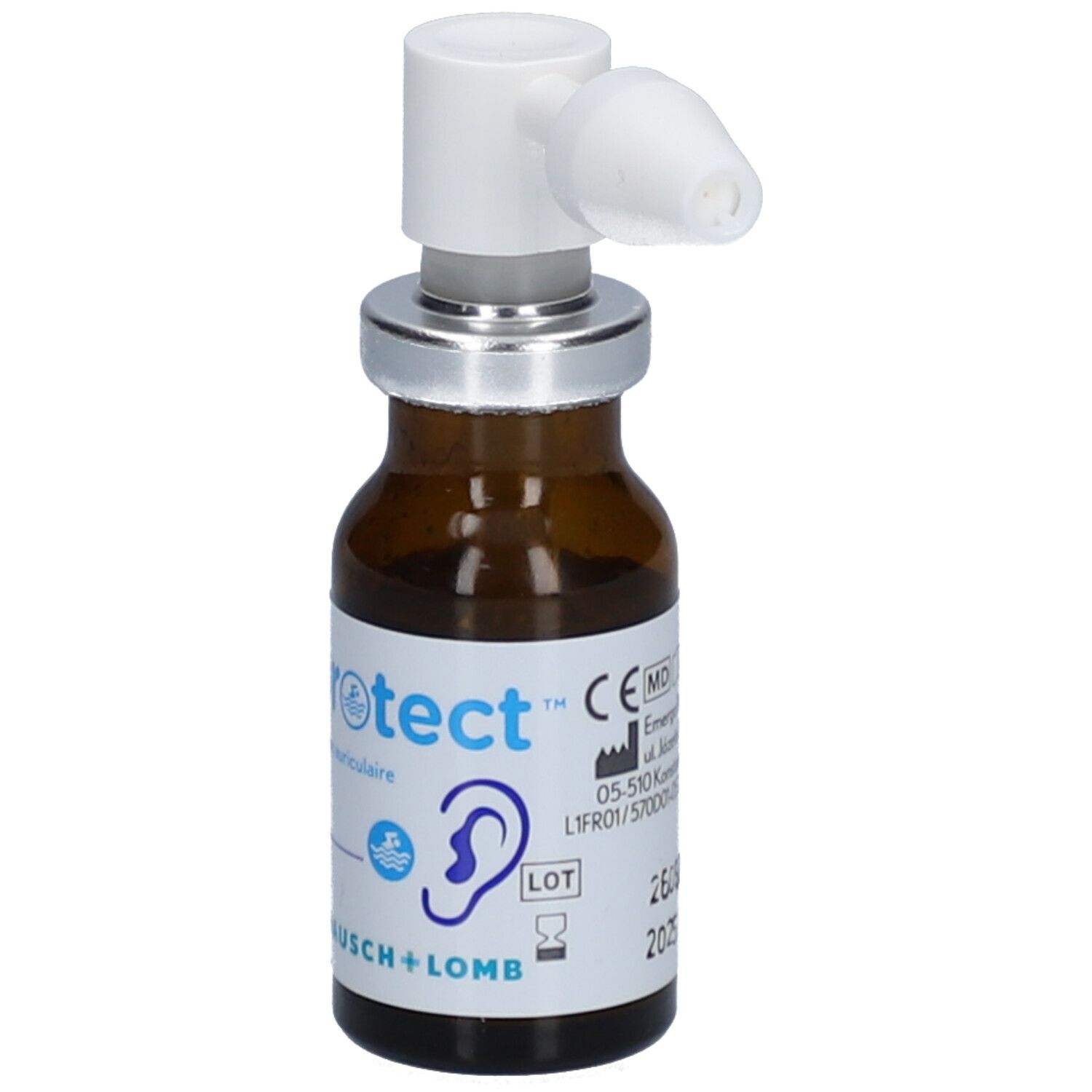 Bruine glazen fles met verstuiver. Opschrift: cérúprotect, oplossing voor oorverstuiving. Met CE-markering.