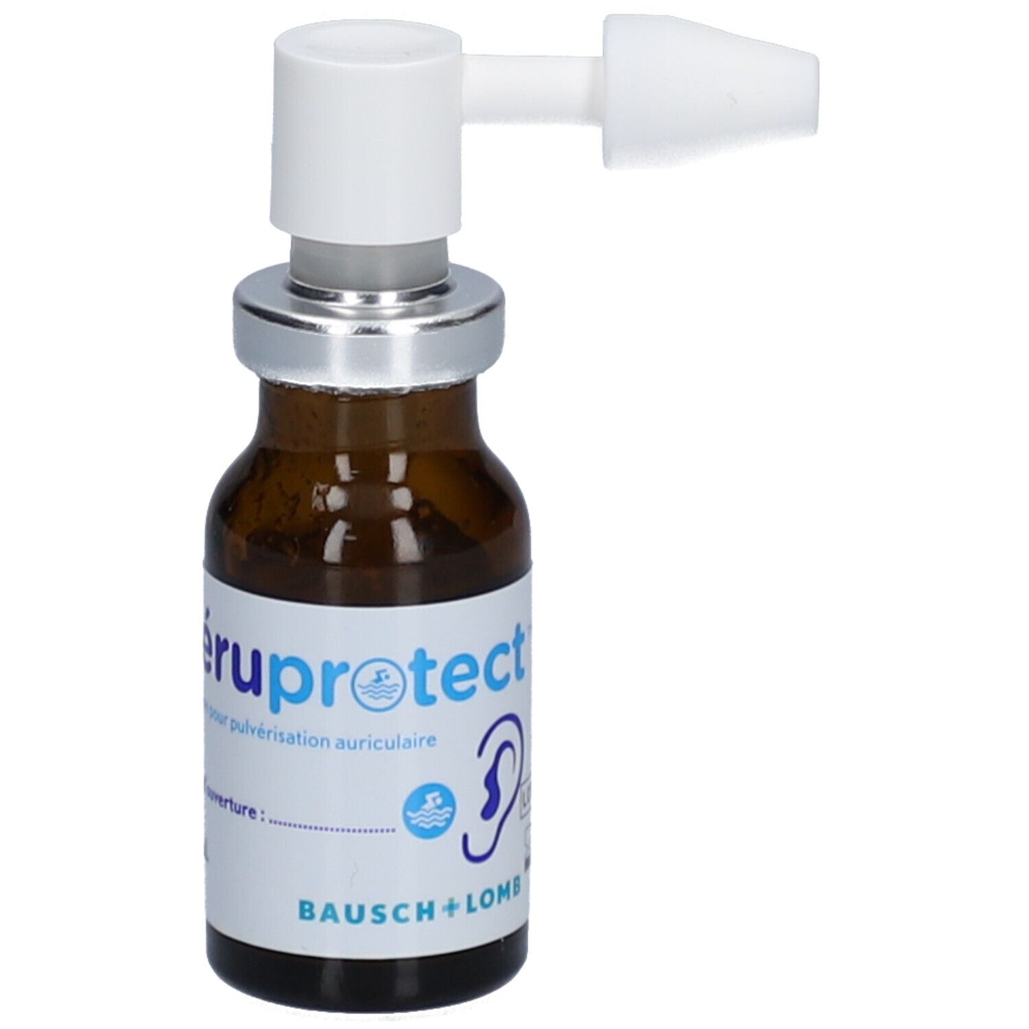 Bruine glazen fles met verstuiver. Opschrift: cérúprotect, oplossing voor oorverstuiving. Met oorsymbool.