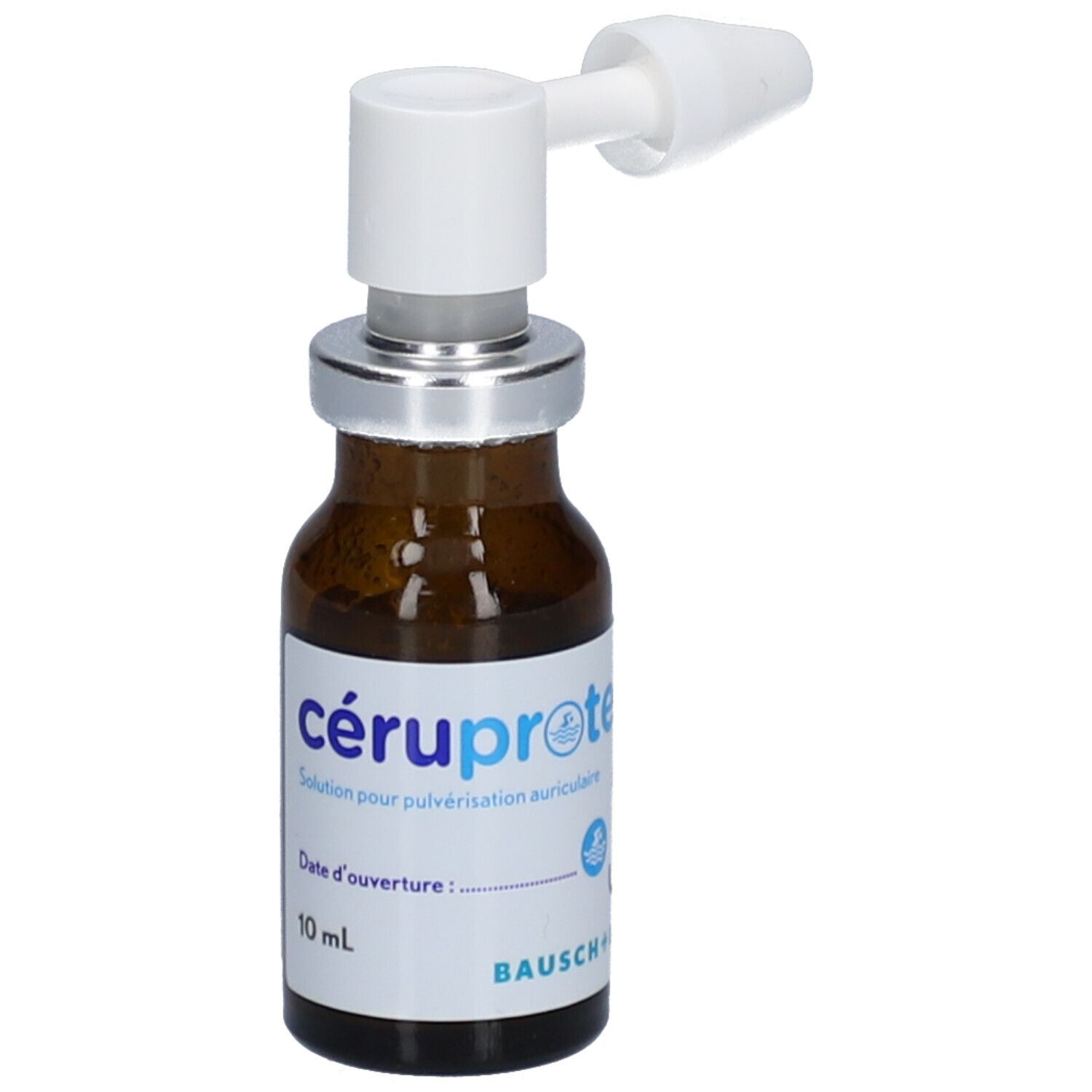 Bruine glazen fles met verstuiver. Opschrift: cérúprotect, oplossing voor oorverstuiving. 10 ml. Fabrikant: Bausch + Lomb.