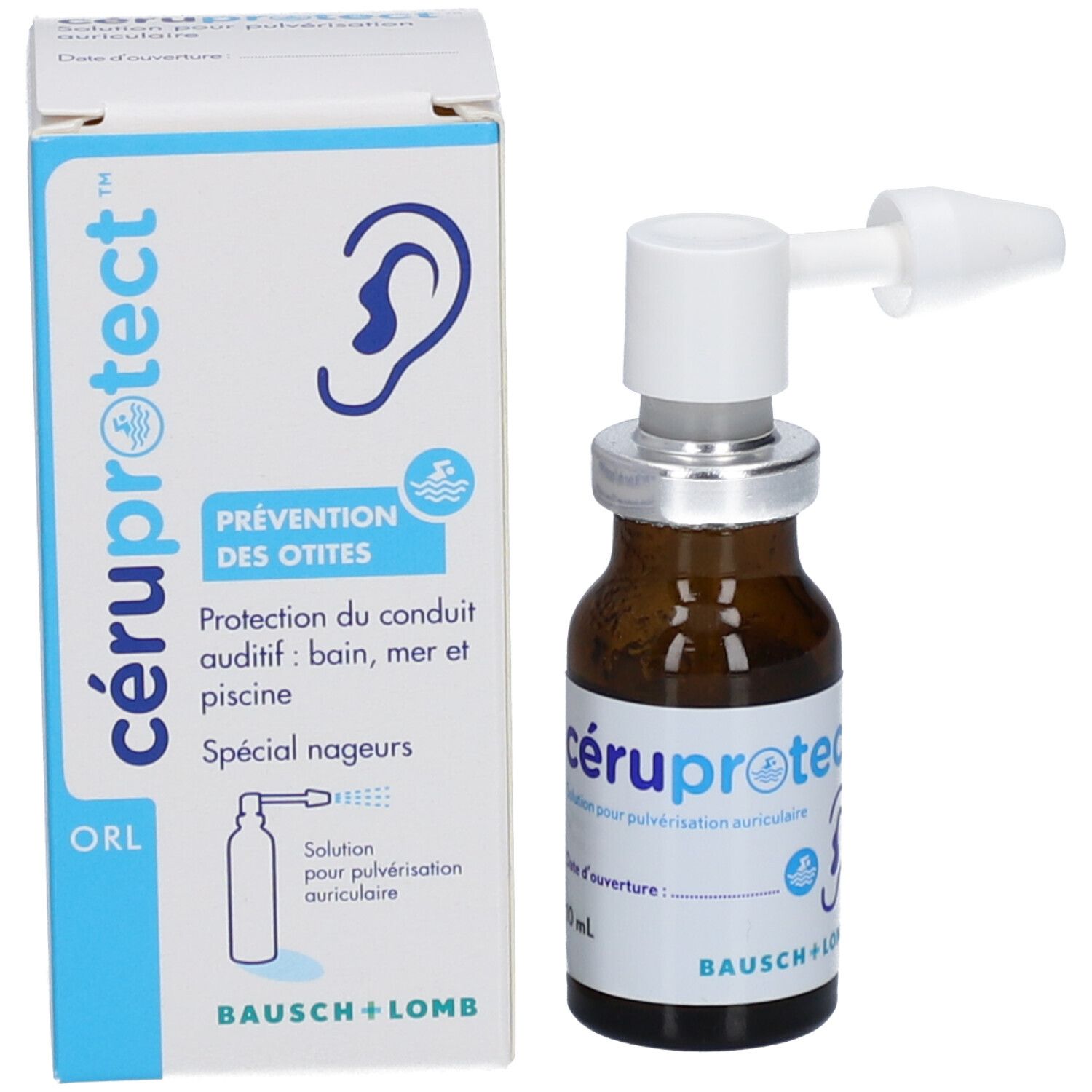 Product en verpakking. Fles met verstuiver en doos. Opschrift: cérúprotect, preventie van oorontsteking.
