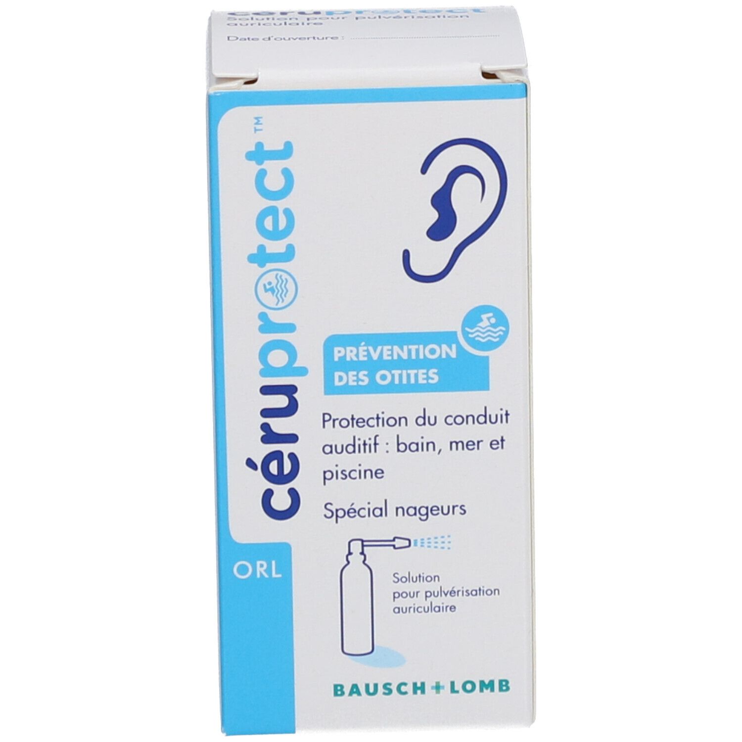 Productverpakking. Doos met opschrift: cérúprotect, preventie van oorontsteking. Met oorsymbool.