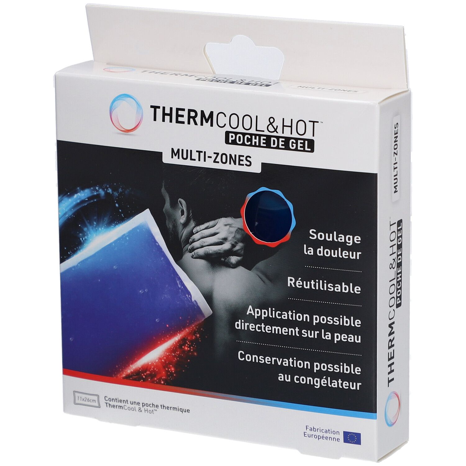 Verpakking Thermcool & Hot. Opschrift: Multi-Zones, Poche de Gel. Illustratie persoon. Verlicht pijn, herbruikbaar.