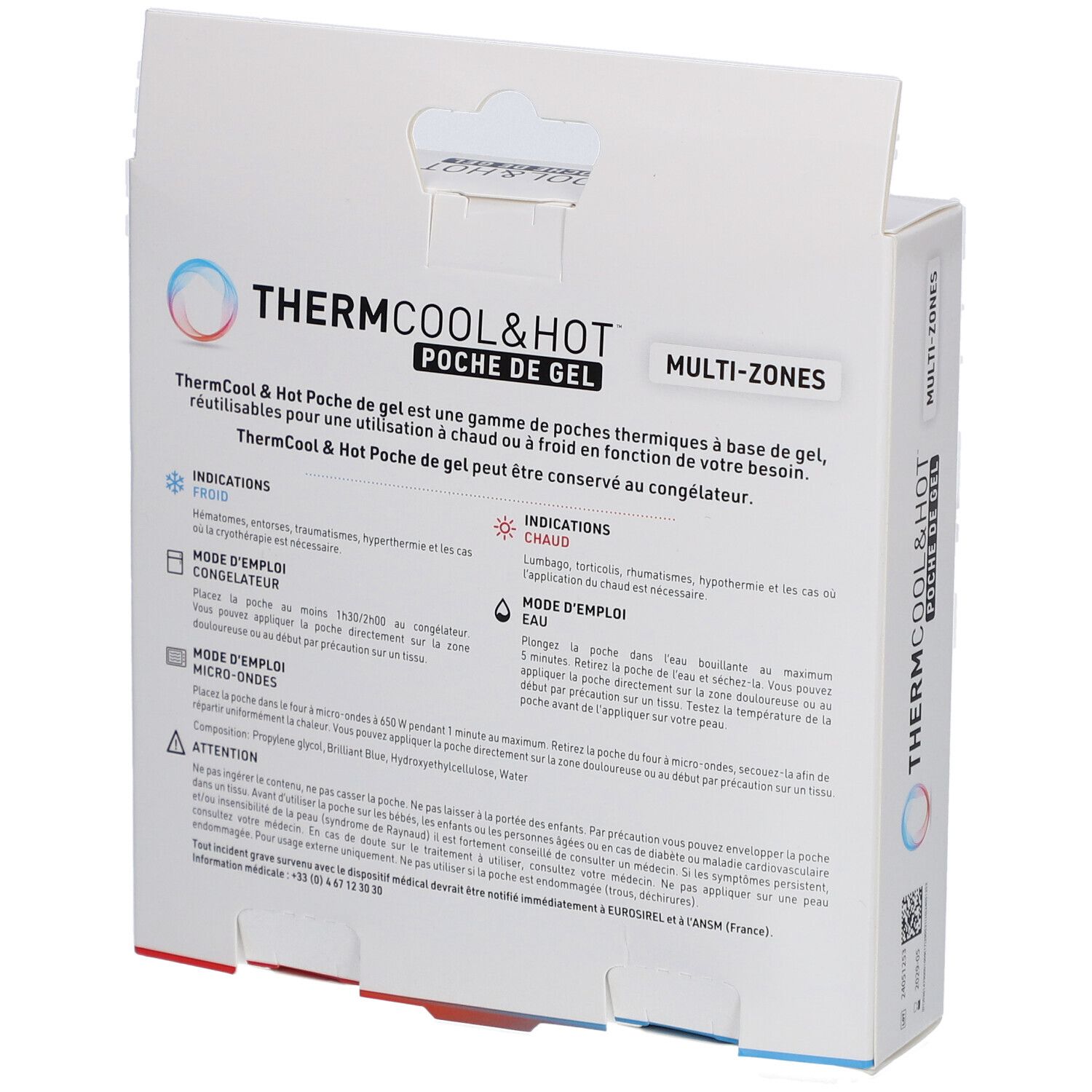 Achterkant verpakking Thermcool & Hot. Tekst: Multi-Zones, Poche de Gel. Instructies en pictogrammen.