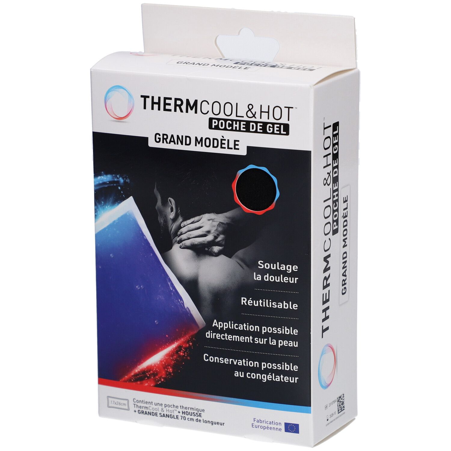 Productverpakking. Tekst: Thermcool & Hot, Grand Modèle. Afbeelding van man met nekpijn.