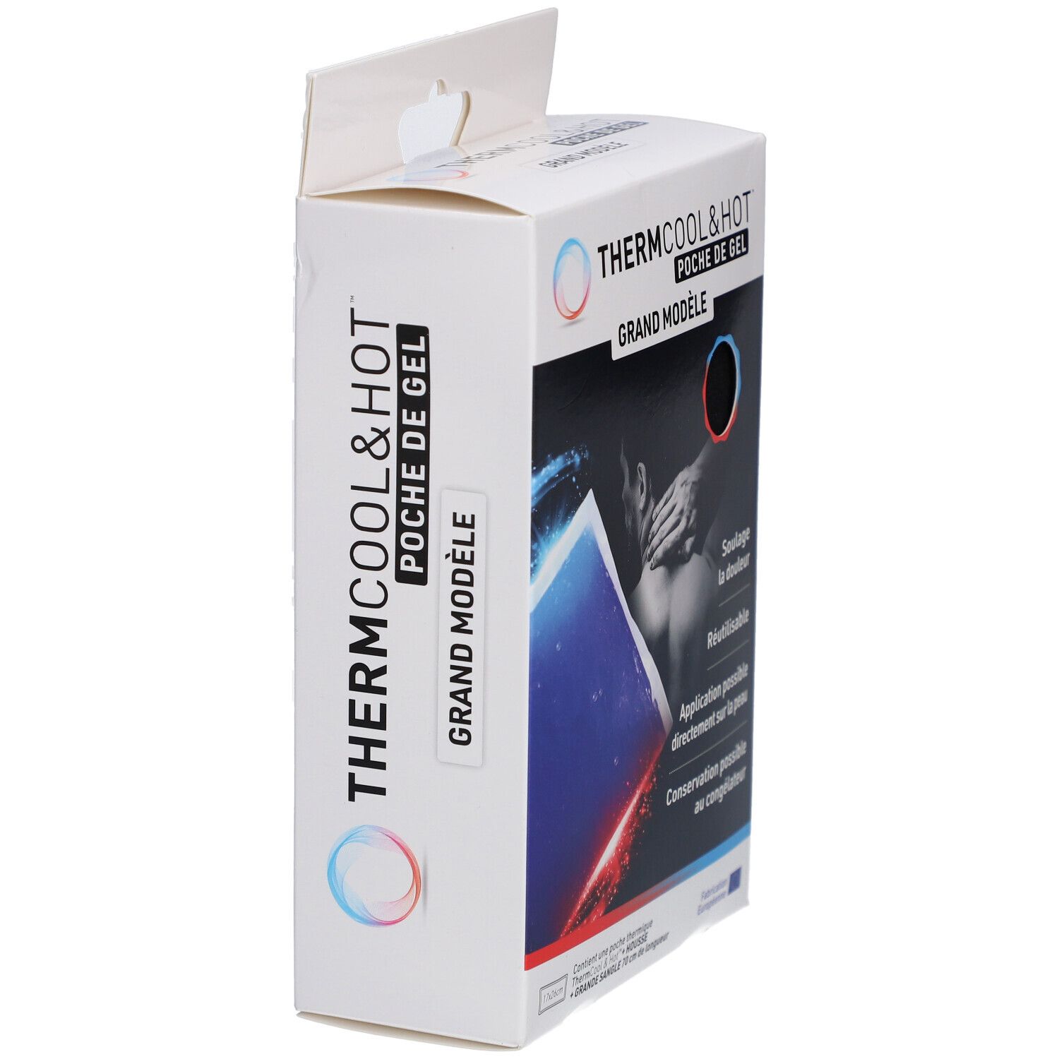 Zijaanzicht productverpakking. Tekst: Thermcool & Hot, Grand Modèle. Logo met cirkels.