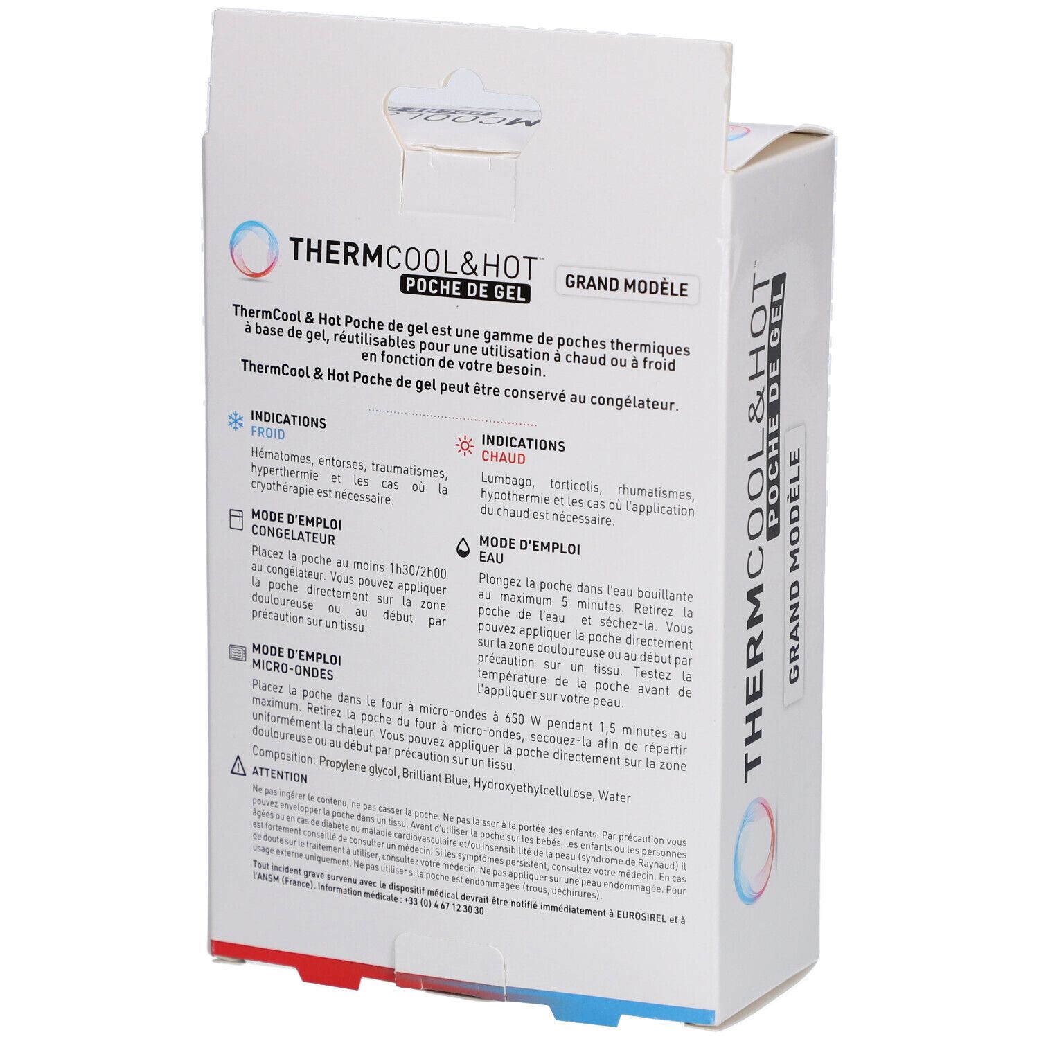Achterkant productverpakking. Tekst: Thermcool & Hot, Grand Modèle. Gebruiksaanwijzingen en indicaties.