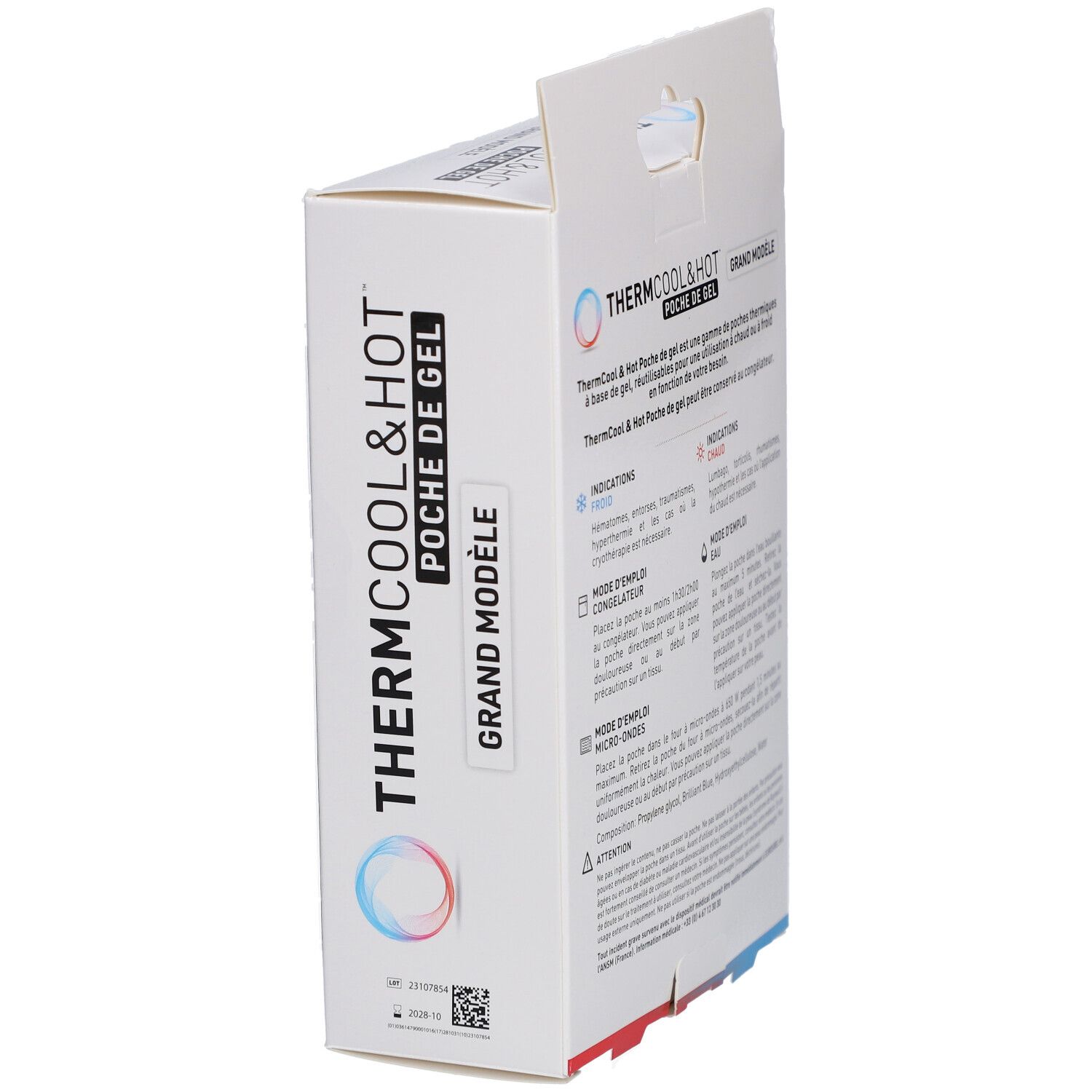 Productverpakking, schuine weergave. Tekst: Thermcool & Hot, Grand Modèle. QR-code en informatie.